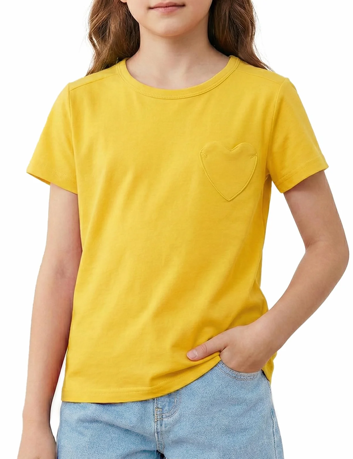 Spring&Gege Camisetas de manga corta para niña, algodón, cuello redondo, camiseta deportiva, informal, bolsa de corazón, té, verano, color liso, camisetas informales