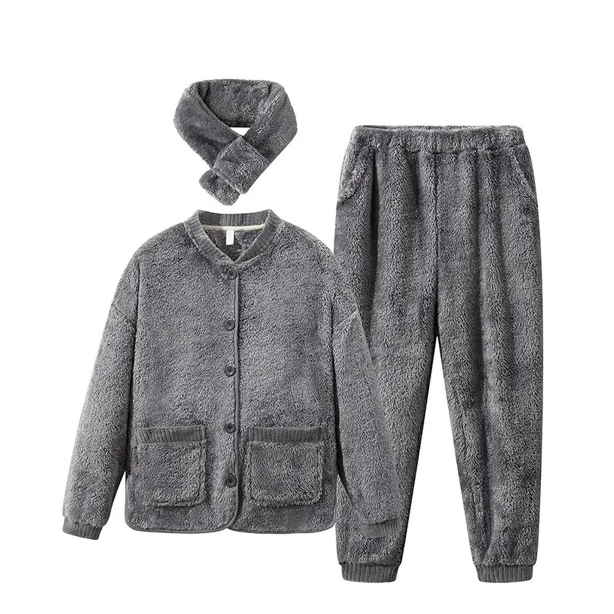 Nuevo invierno cálido pareja ropa de dormir Mujer Conjuntos de Pijama con bufanda espesar Coral terciopelo Pijama Mujer talla grande Pijama Homme ropa de casa ( Color : gris , Size : L(165-170CM) )