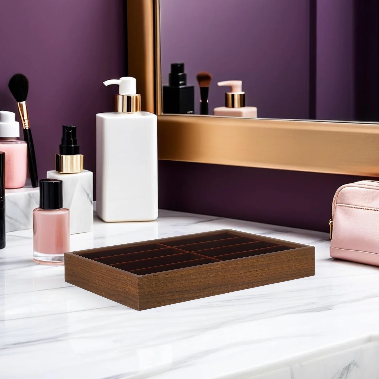 Estuche Organizador para Gafas y Joyas Forro y Compartimentos Múltiples en Madera de Nogal para Escritorio y Vitrina