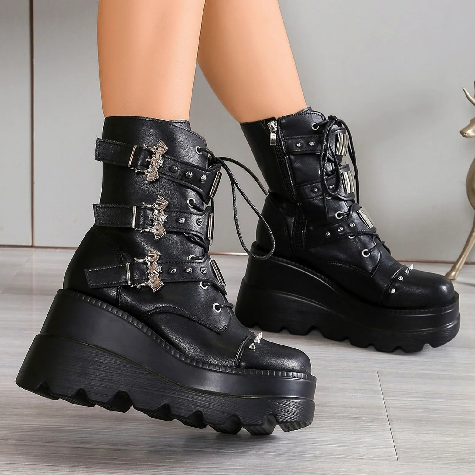 Generisch Botas de plataforma para mujer de estilo gótico llamativo - Botas con cordones con tacón de cuña y hebillas | Botas extravagantes para un look rebelde