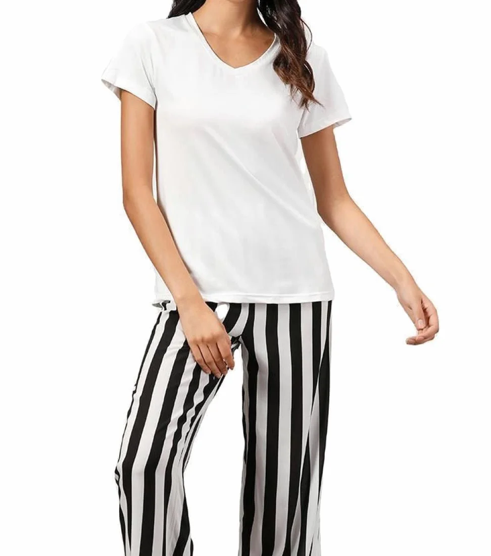 Pijama De Mujer Manga Corta,Pantalones A Rayas Superiores Blancos Pijama De Manga Corta De Verano para Mujer Conjunto De 2 Piezas Pijama De Moda Suave Ropa De Salón Regalo del Día De La Madre para