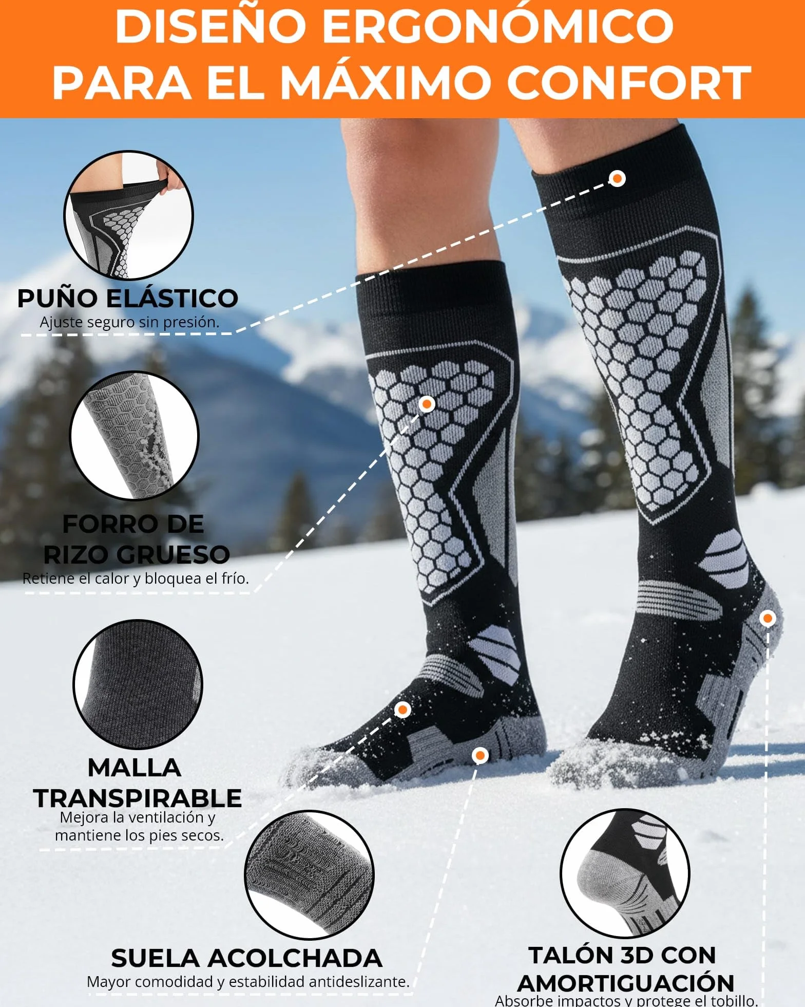 Calcetines de Esquí Lana Merino Térmicos – 2 Pares Calcetines Altos para Hombre y Mujer, Cálidos, Transpirables e Imbottados para Nieve, Snowboard y Invierno