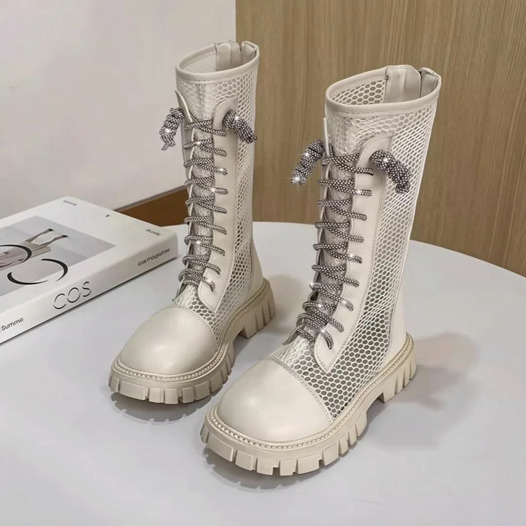 Botas de combate hasta la rodilla para niñas, de malla transpirable, huecos, sandalias romanas con cremallera
