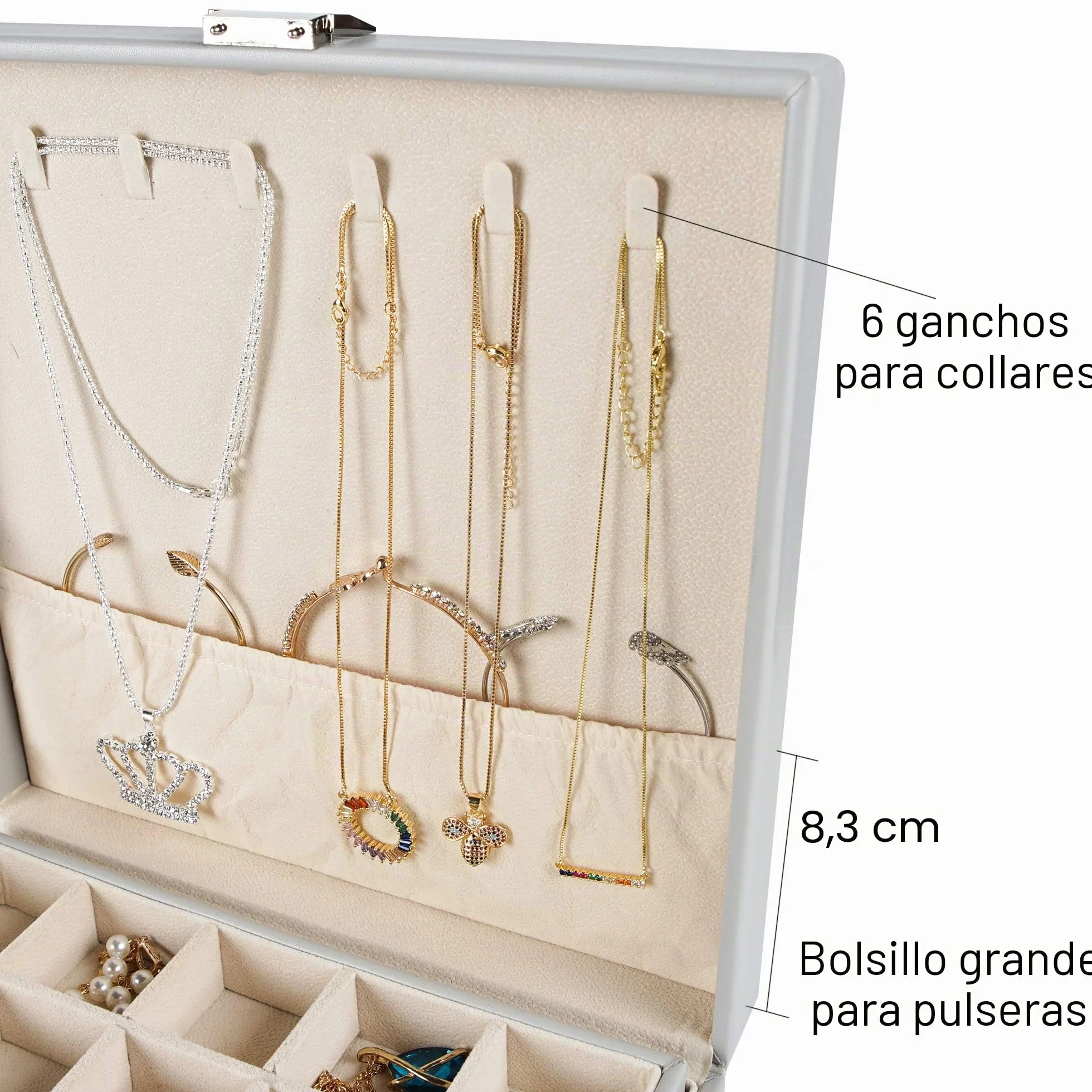 Frebeauty Organizador de pendientes, caja de joyería clásica con 50 ranuras de doble capa con 6 ganchos para collares y bolsillo para pulsera (gris)