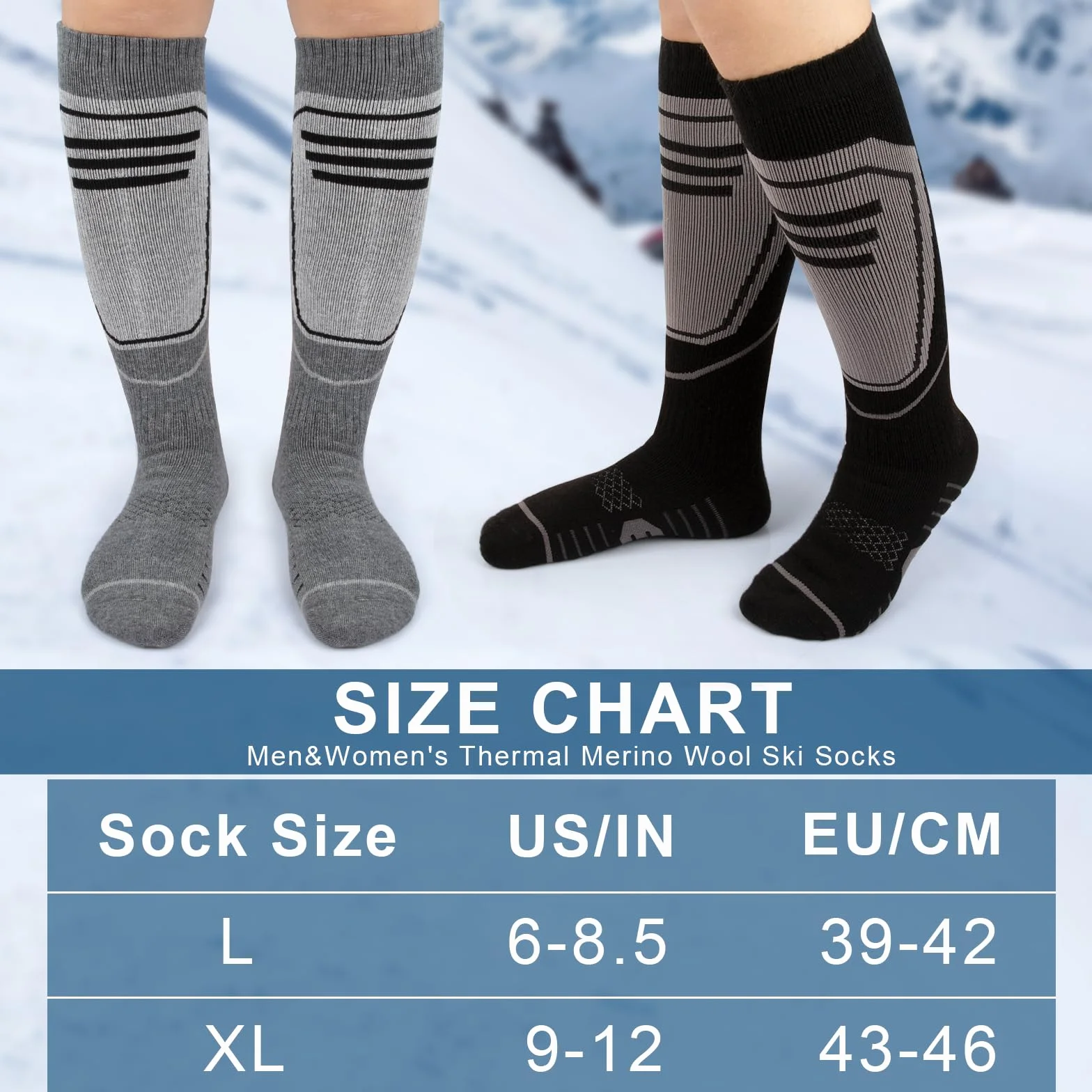 2 Pares Calcetines Esqui Lana Merino, Calcetines de Esquí Hombre y Mujer para Esquiar, Snowboard y Deportes de Invierno al Aire Libre