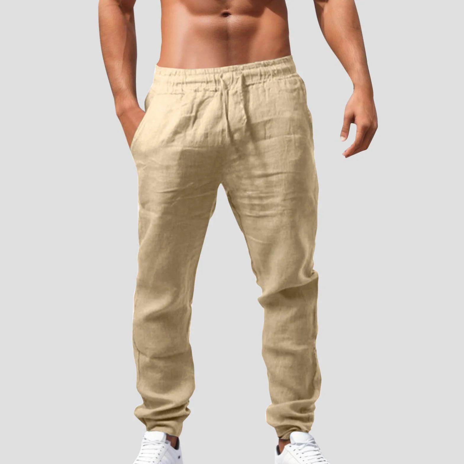 Pantalon Lino Hombre Pantalones Elásticos con Cordones Pantalones de Algodón y Lino Transpirables de Color Liso Pantalones Casual de Verano Pantalones Suaves y Cómodos para Hombre
