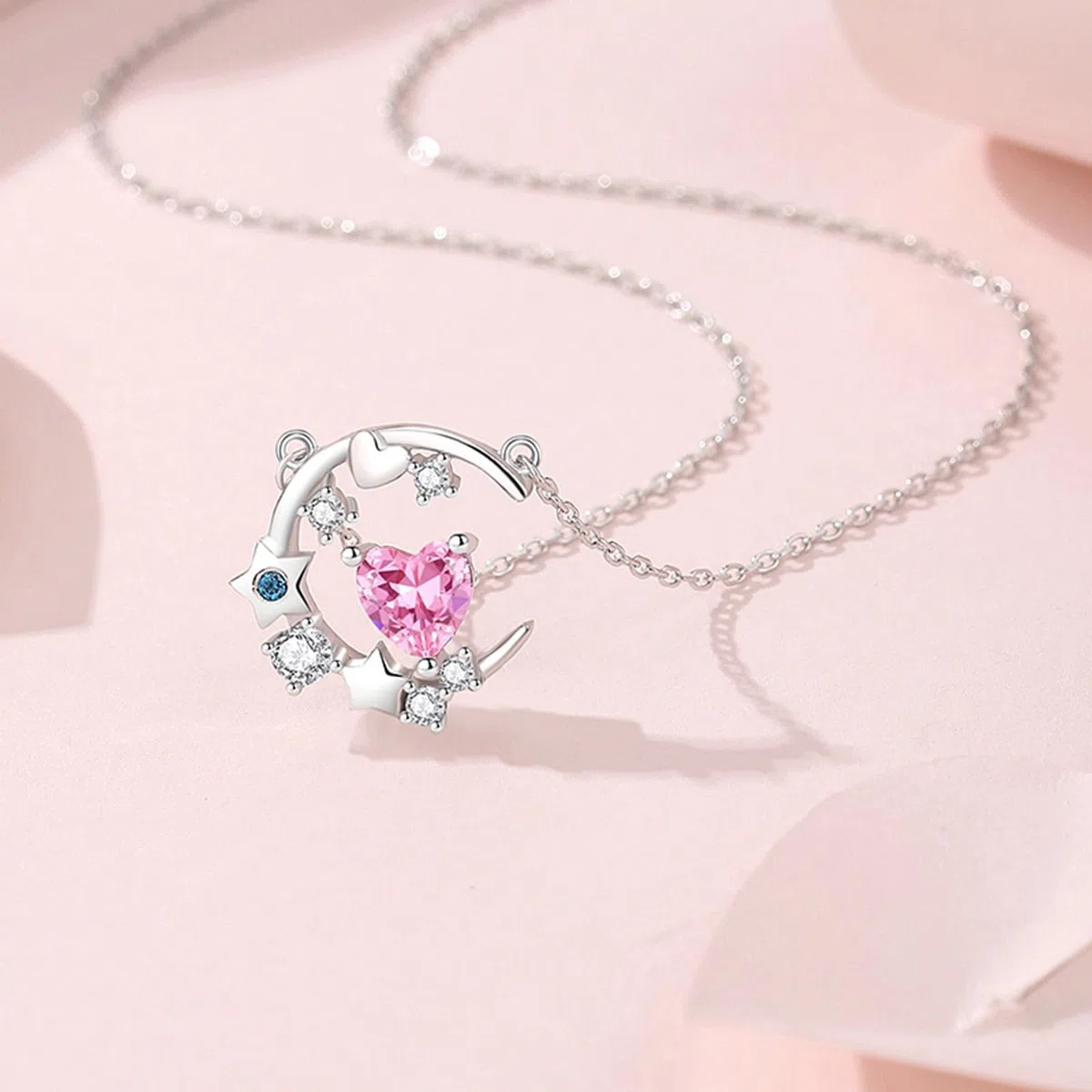 Collar de oro de 9/14/18 quilates para mujer, collar con colgante de estrella de luna con forma de corazón creado zafiro moissanita topacio oro real