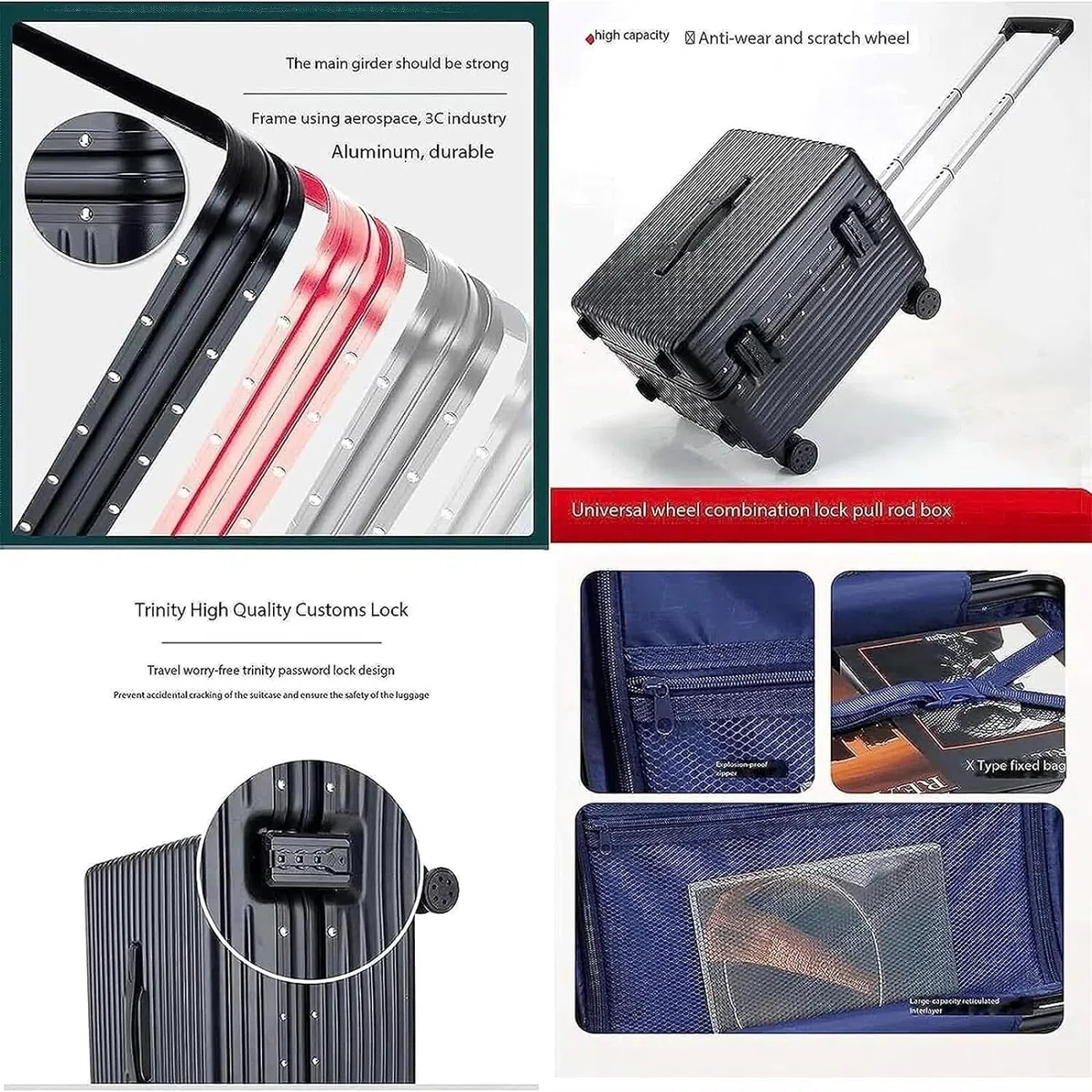 Maleta Maleta con Carcasa Dura, Equipaje de Mano, Equipaje de Mano, Maleta con asa Ancha, Carcasa Dura, Marco de Aluminio, Ruedas giratorias Bolsas de Viaje