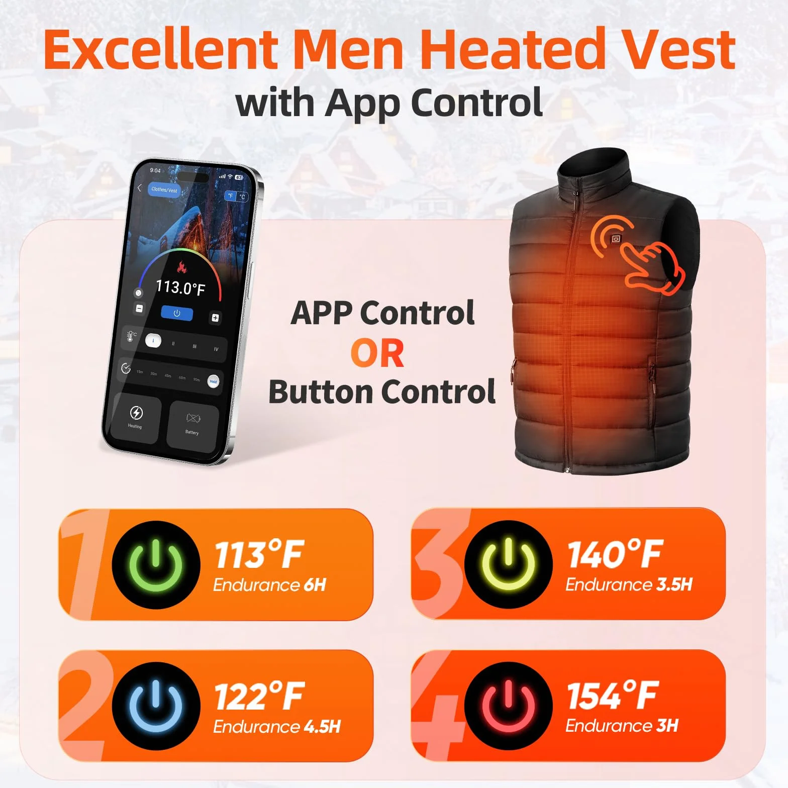 Chaleco Calefactable Hombre con Control por APP - Chaqueta Calefactable Eléctrica Ligera con Batería, 4 Niveles de Calor para Cazar, Esquiar, Senderismo y Caminar con el Perro