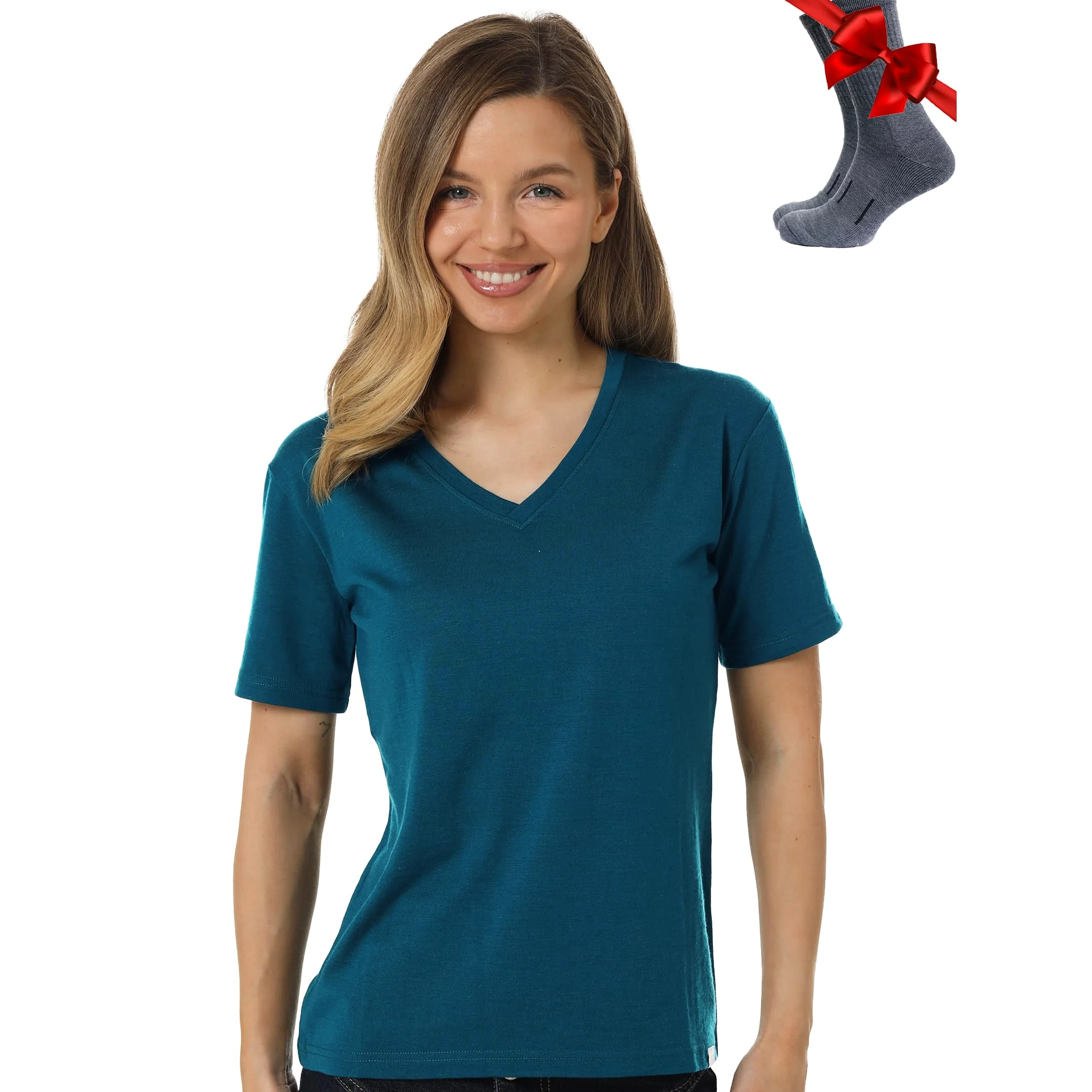 Camiseta Manga Corta Lana Merino Mujer - 100% Lana Merino + Calcetines (Small, V Azul Verde Intenso)