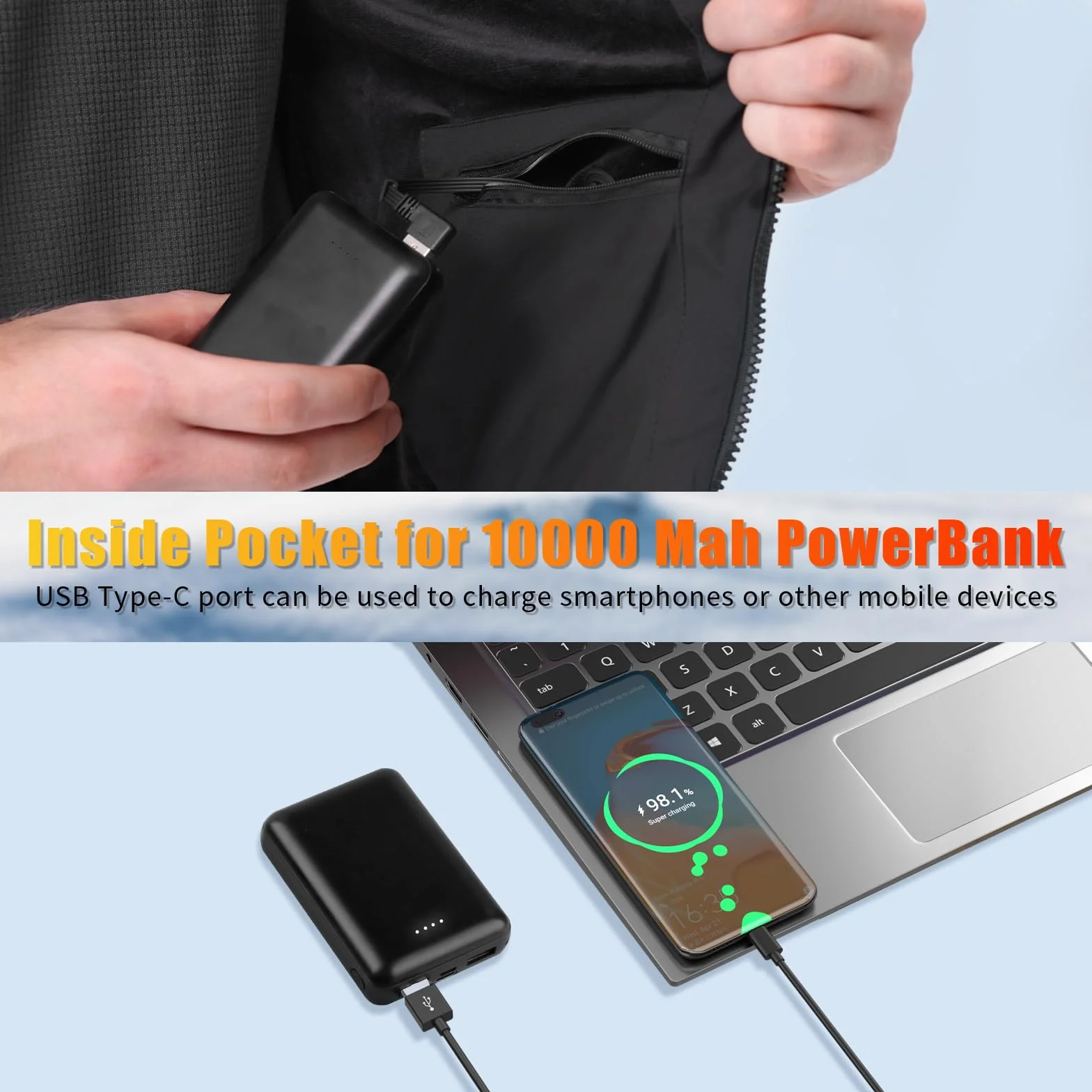 Chaleco con Calefacción Eléctrica USB con Batería, 3 Niveles de Temperatura, 9 Hojas de Calefacción, Lavable, Invierno Cálido