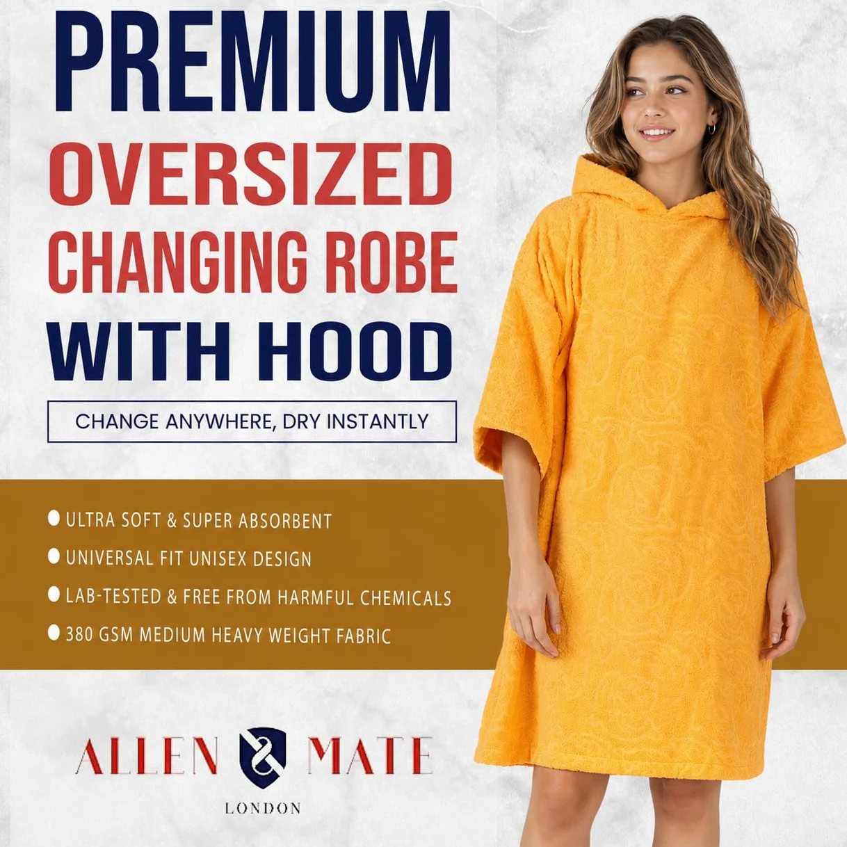 ALLEN & MATE Poncho de Toalla con Capucha para Adultos, 100% algodón de Rizo, Bata cambiadora con Capucha y Bolsillos para Playa, natación