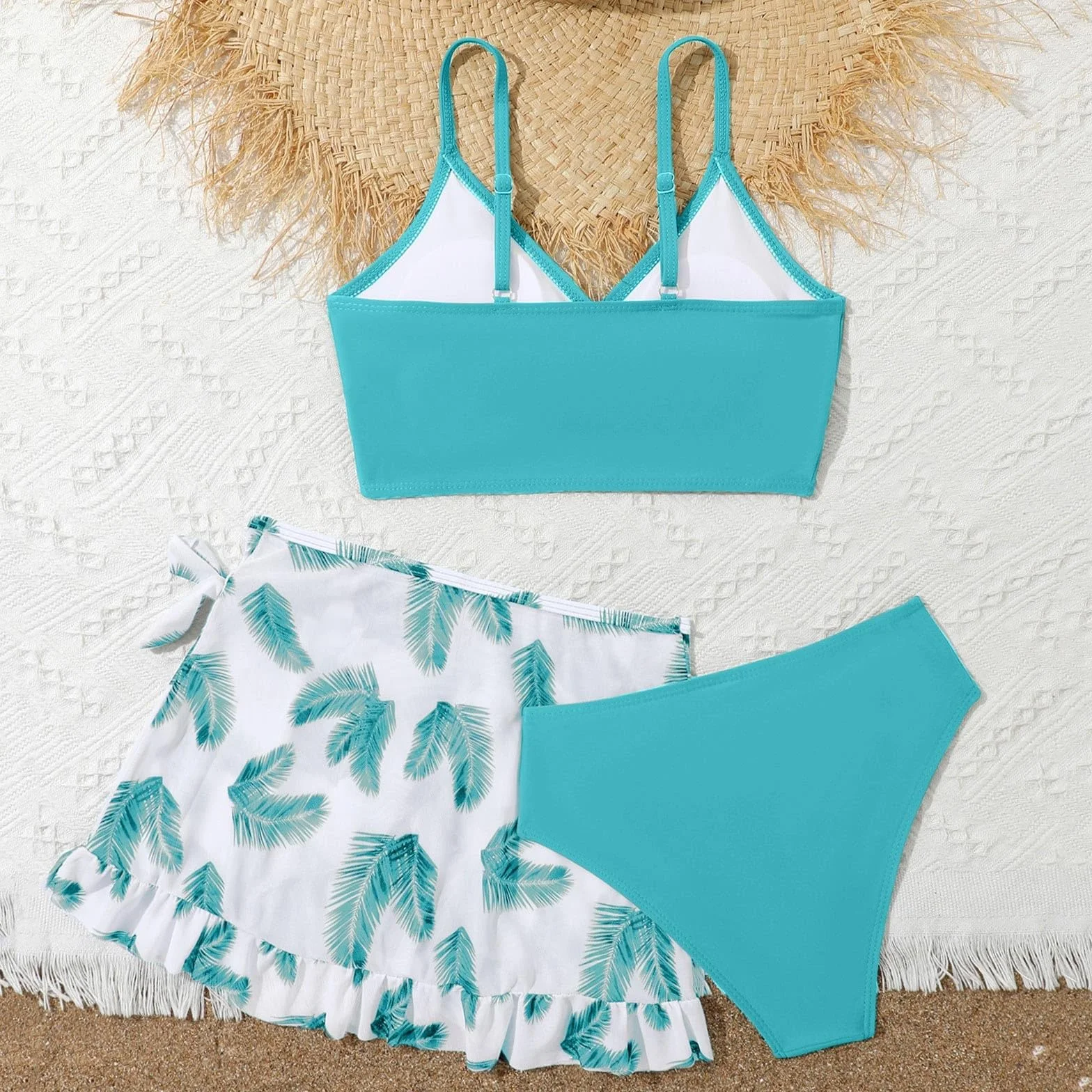 Traje de baño para niña de 3 piezas, color liso, bikini