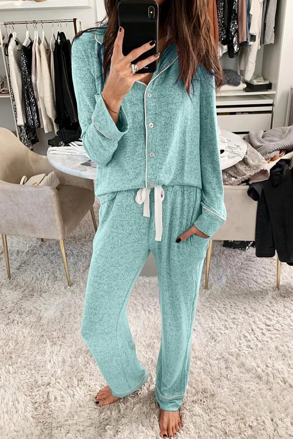 Aamikast Pijama Largo para Mujer con Botones, Ropa de Dormir de Dos Piezas