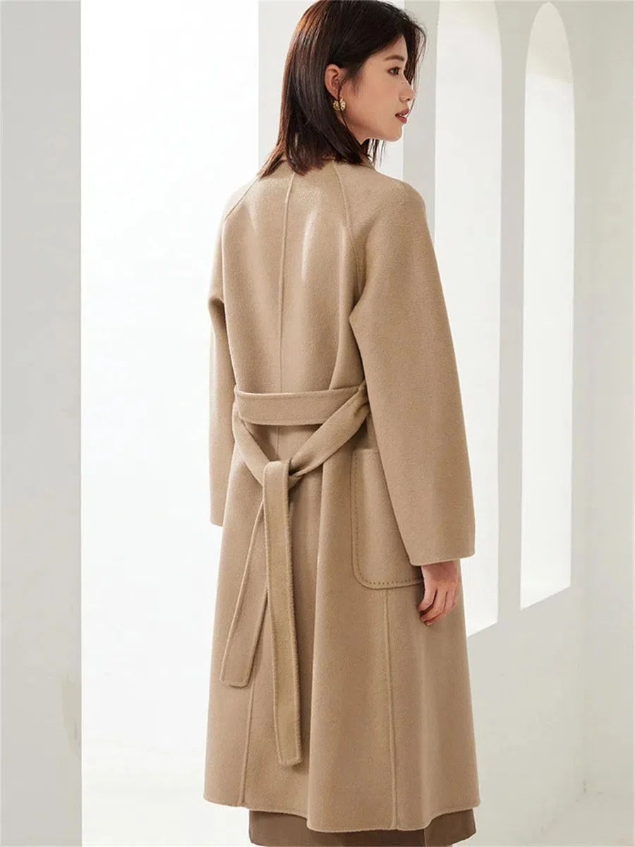 Abrigo largo de cachemira con bolsillo grande para mujer, abrigo de lana cálido salvaje, abrigo de lana qiantuo, talla M, qiantuo, M