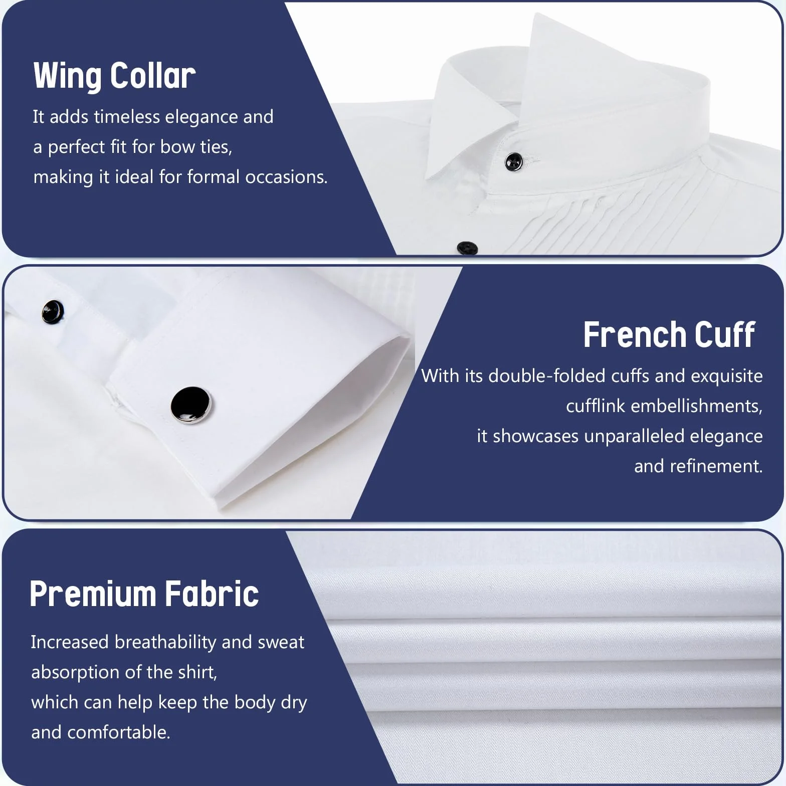 Gollnwe Camisa de Esmoquin para Hombre, Cuello de ala, puños franceses con Gemelos y Pajarita