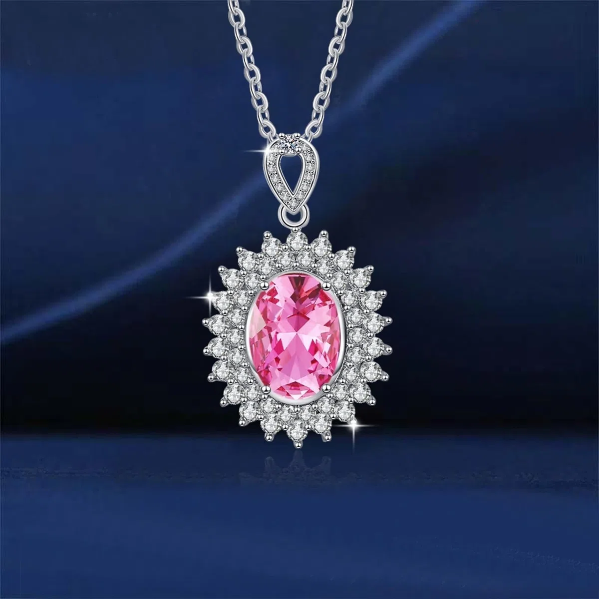 Collar de cadena de oro blanco de 18 quilates para mujer, gargantilla delicada con flor de lujo con topacio rosa ovalado y diamante de laboratorio para mujer, oro blanco