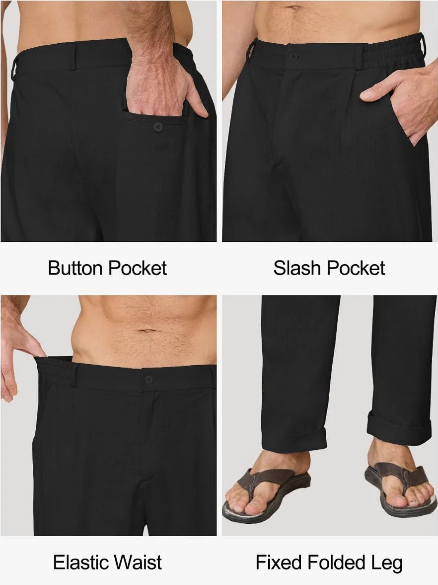 Yutdeng Pantalones Lino Hombre Verano Pantalon Largo Pantalón Lino Algodón Ligeros con Bolsillos Cintura Elástica Pantalon Vestir Casual Anchos Pantalones de Verano Hombre Regular Fit