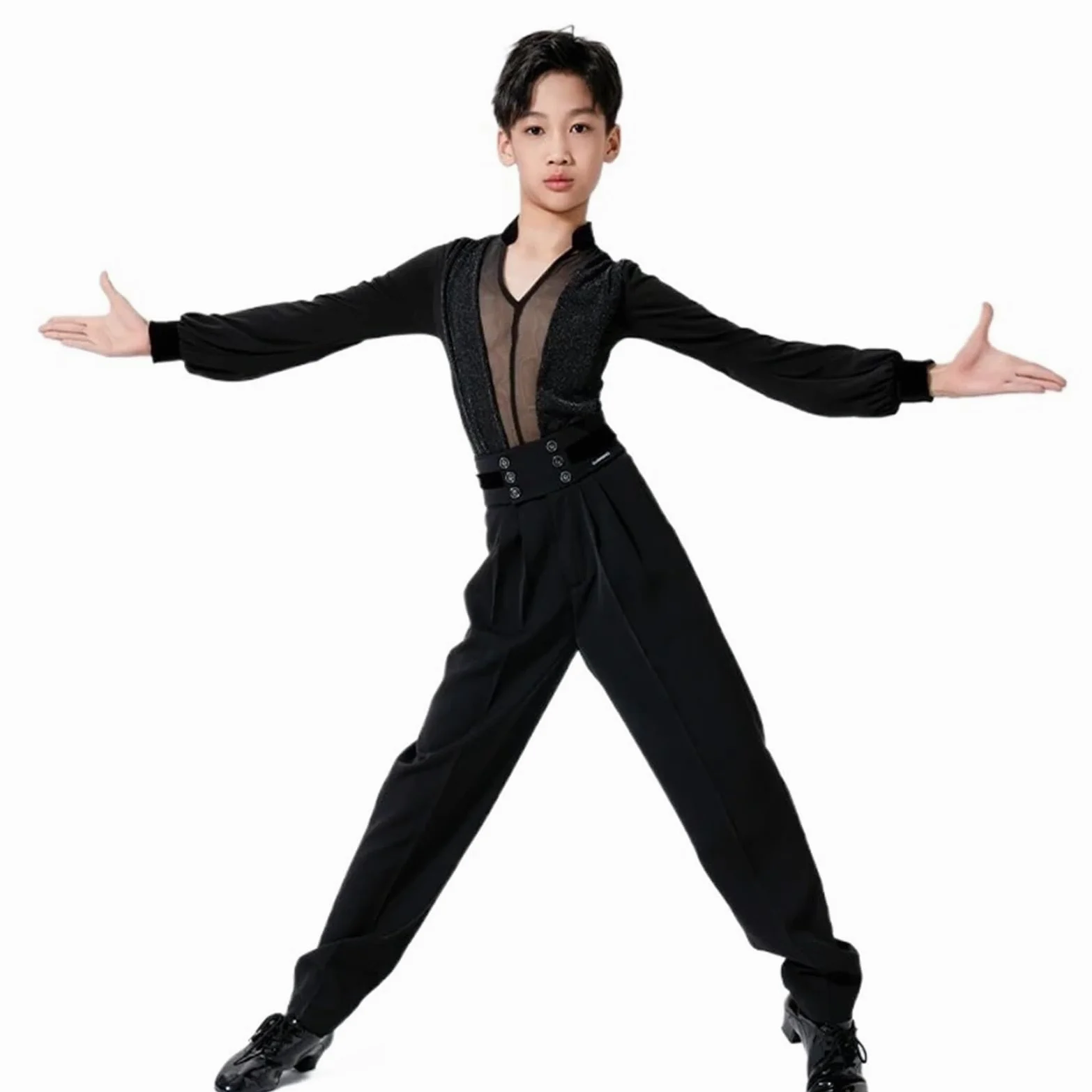 Latin Dance Costume Boy's Black Mesh V-Neck Tops Rumba Samba Practice Set Children's Ballroom Cha Competition Wear para Hombre, Salsa, Jazz, Danza