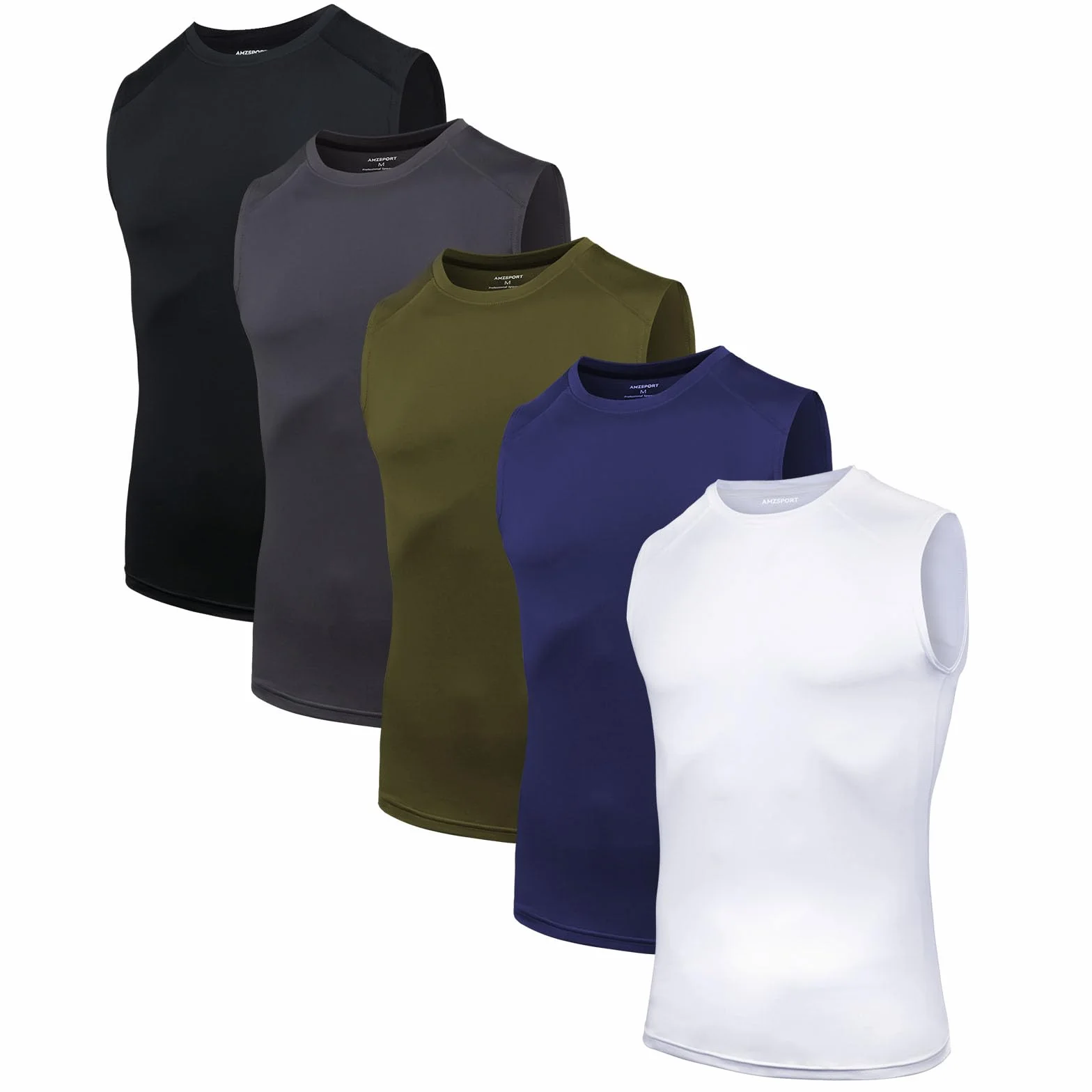 AMZSPORT Pack de 5 Camisetas sin Mangas para Hombre, Transpirables y de Compresión, para Running, Gimnasio, Fitness y Deporte
