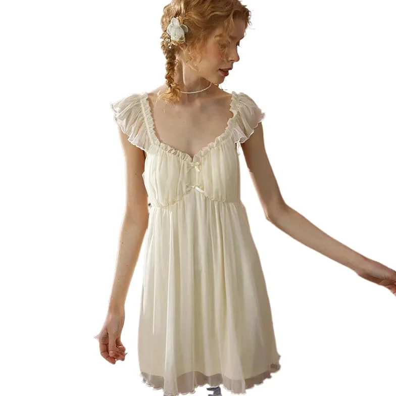 OFFSUM Camisón De Pijama De Mujer - Ropa De Dormir De Princesa De Malla De Verano De Talla Grande Camisón Sin Mangas con Cuello Cuadrado De Color Sólido Albornoz De Temperamento Dulce