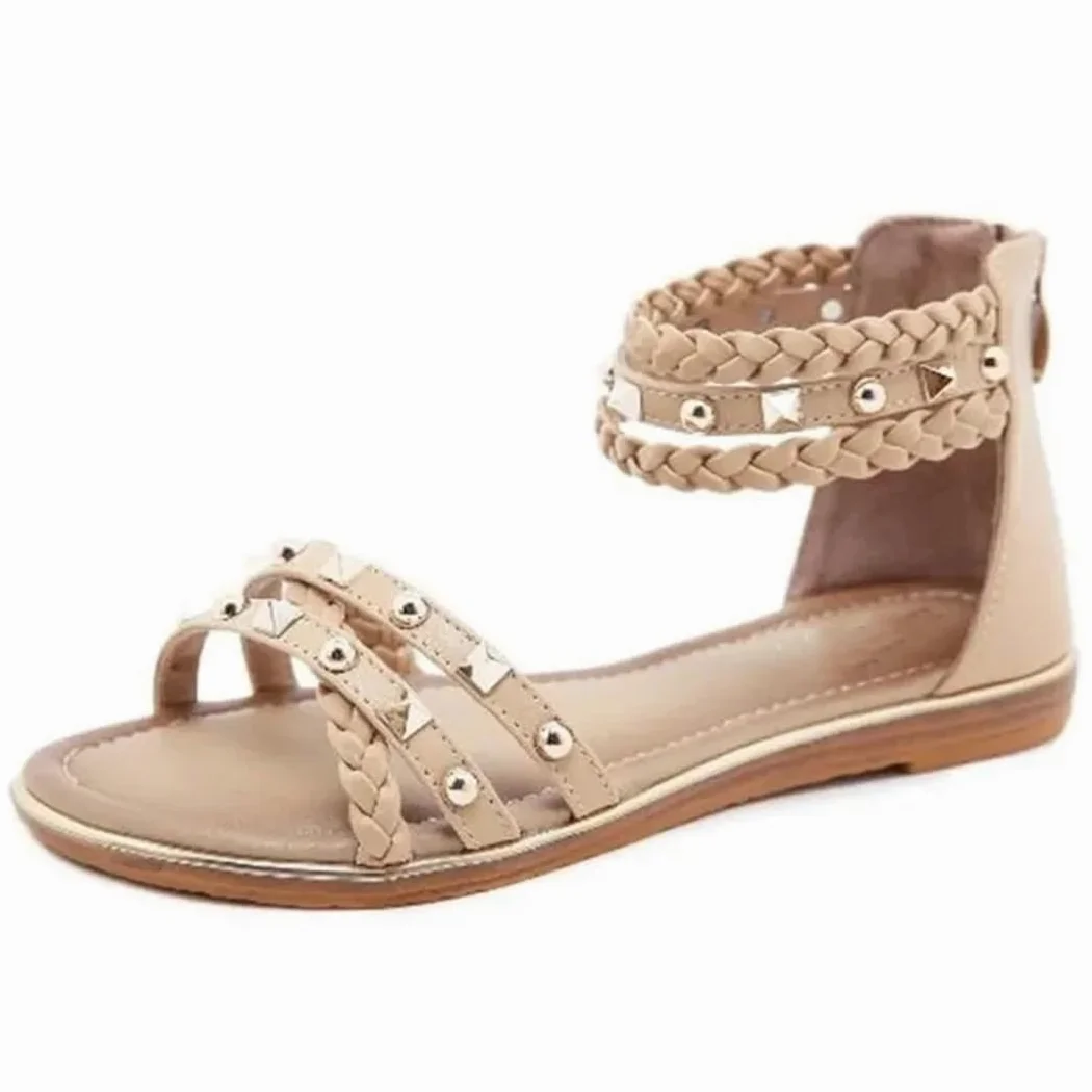 Sandalias étnicas con banda elástica para mujer, con correa de tobillo, tacón plano, con parte lateral abierta, estilo étnico, con remache superior, tejidas, retro, romanas, informales, de verano