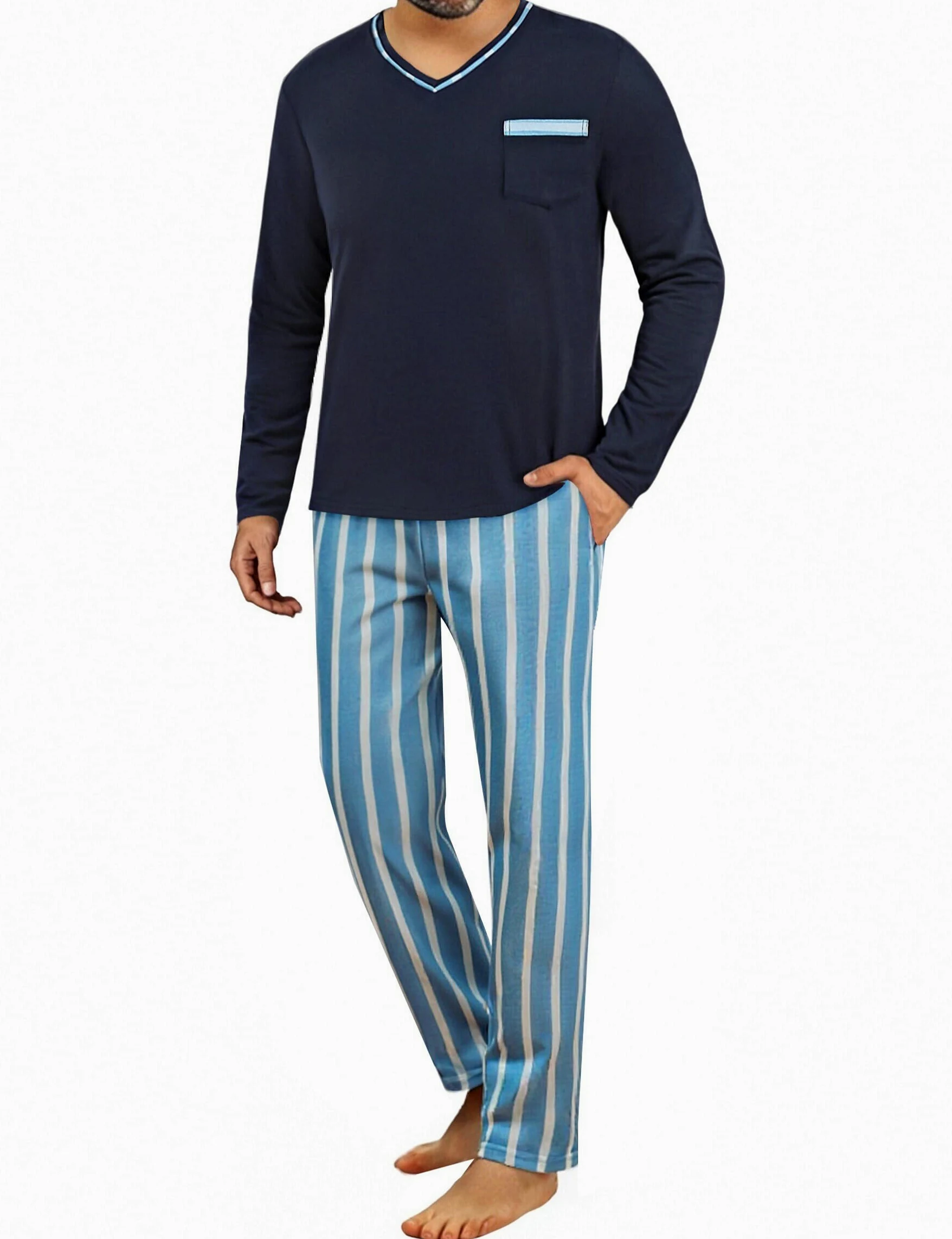 Demegimi Pijama Hombre Invierno Algodón Rayas Pijamas de Manga Larga para Hombres Conjuntos de Pijama de 2 Piezas Ropa de Dormir Cuello en V y Pantalones Largos Suaves
