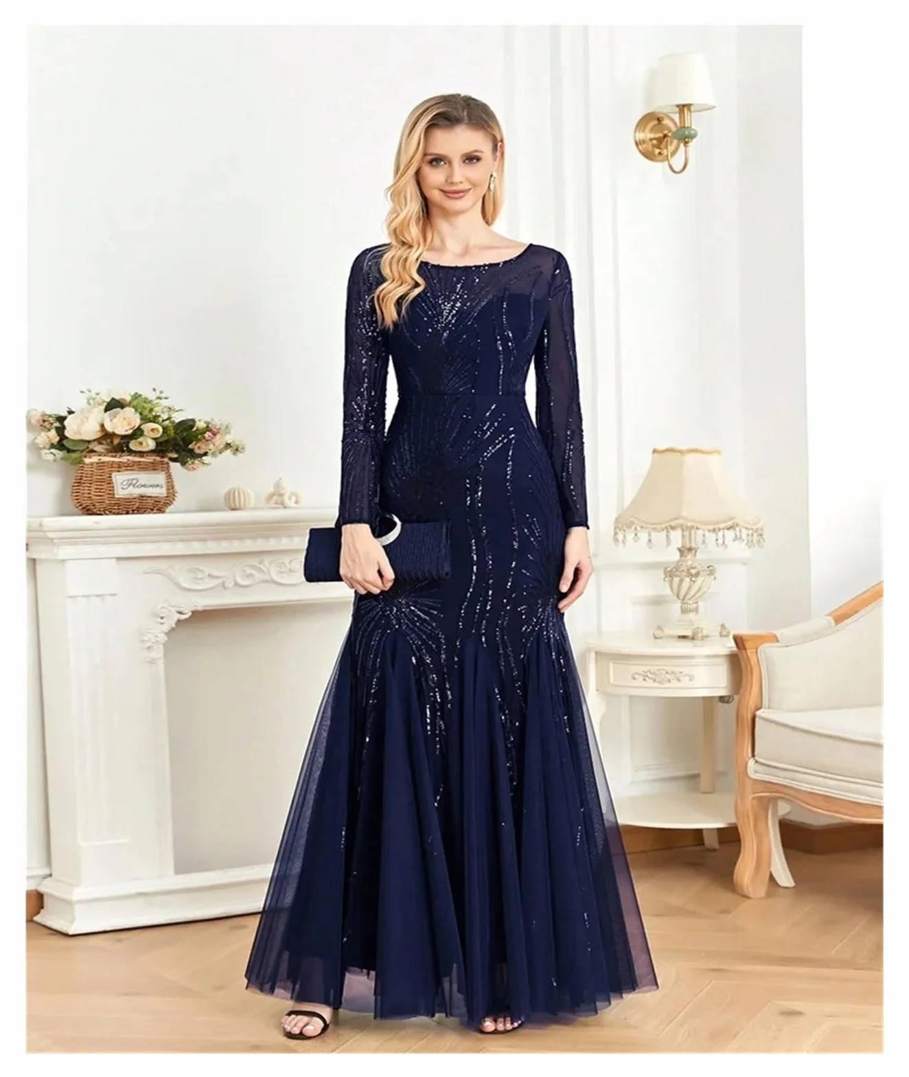 Vestido de Graduación para Mujeres Elegantes Vestidos de Noche de Tul con Lentejuelas y Mangas largas, Estilo Sirena, Formales, for Dama de Honor y Fiesta Maxi(Champagne,M)