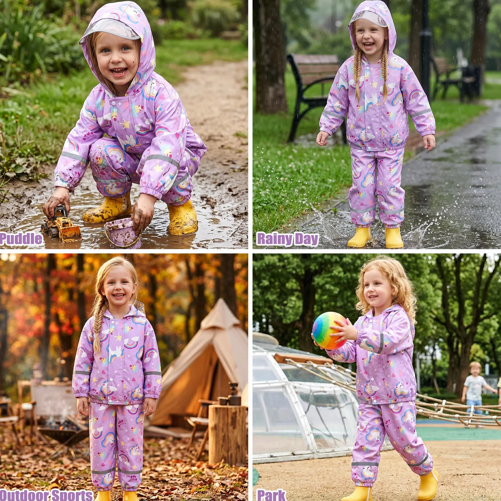 Traje de Lluvia Impermeable para Niñas, Conjunto de Chaqueta y Pantalón de Lluvia Ligero, Exteriores Impermeables Unicornio Abrigos con Capucha, Antiviento Chubasquero para 1-7 años