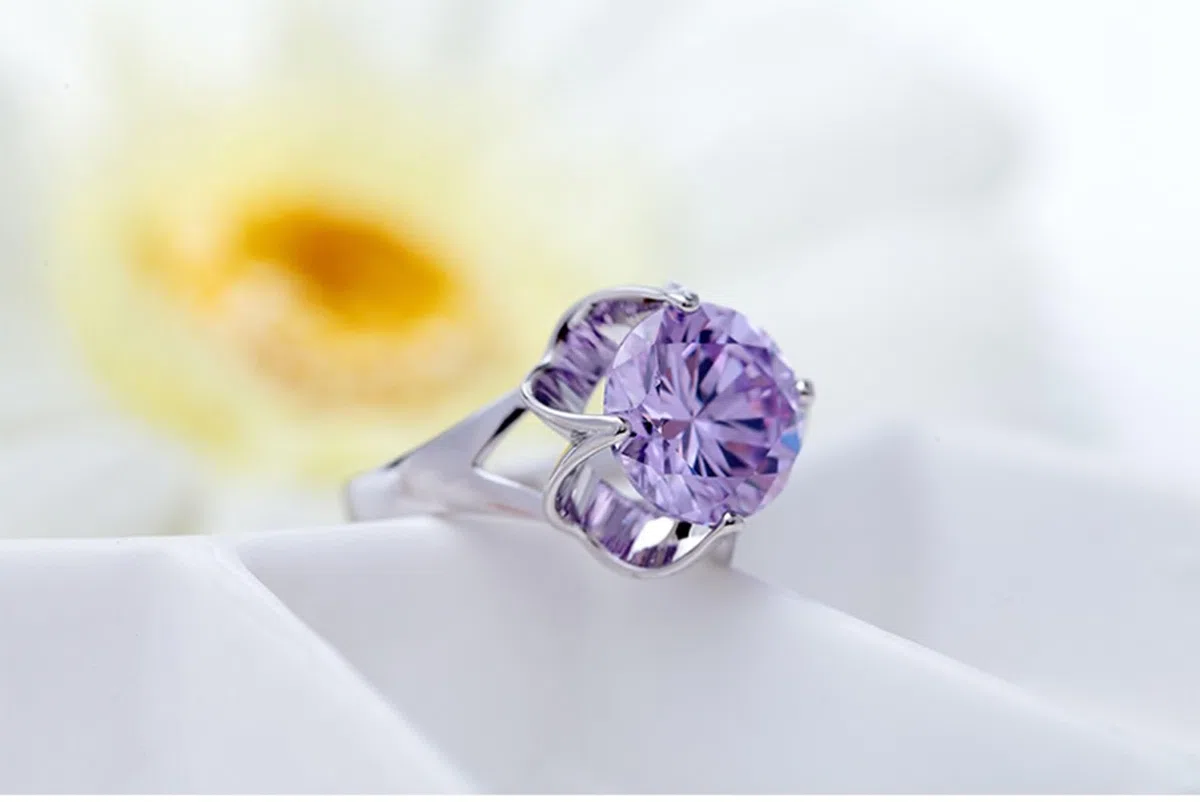 Anillos de boda simples para mujer, oro amarillo de 14 quilates con amatista, anillos de oro redondos solitarios para mujer, talla 4-11