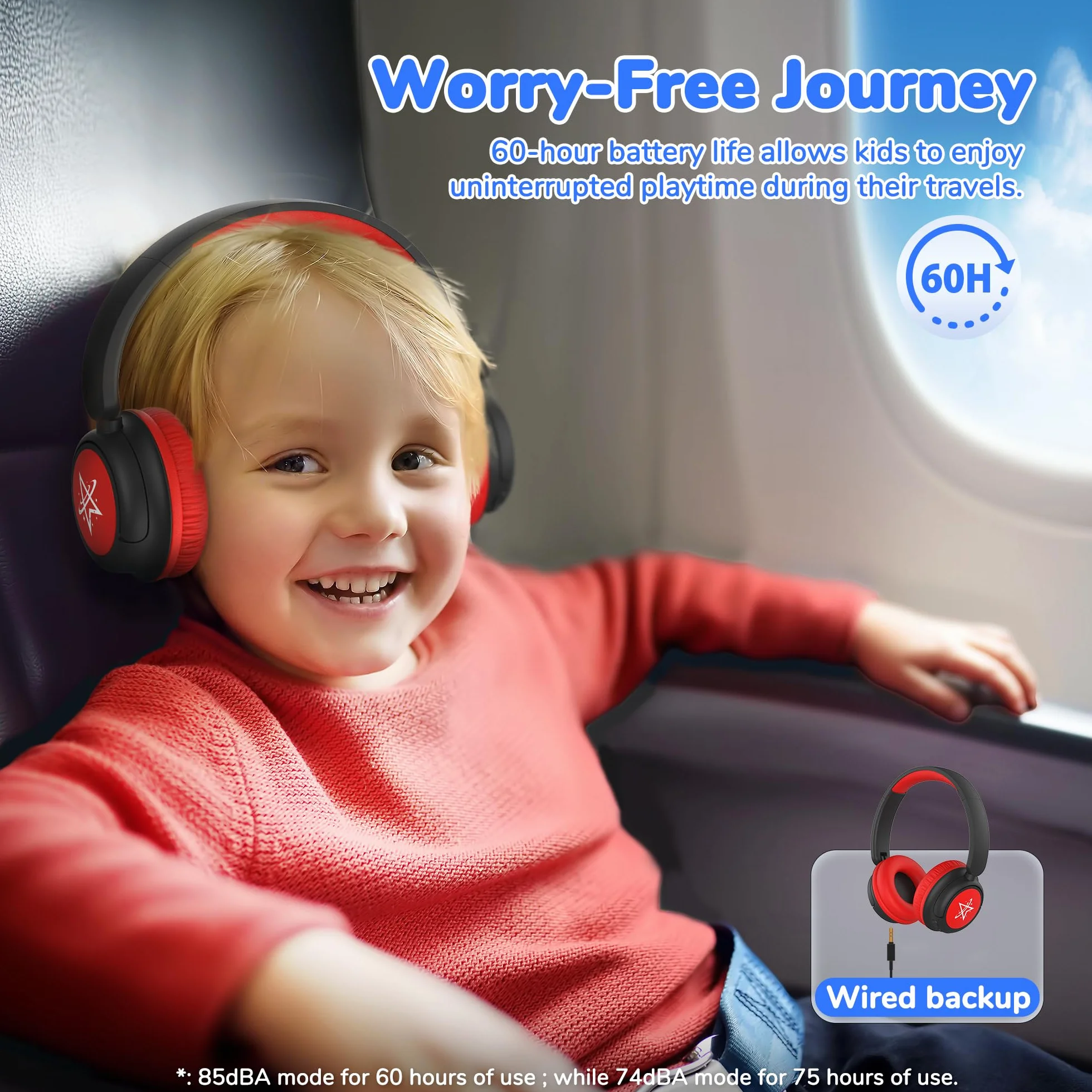 iClever Auriculares Bluetooth para niños, batería de 60 horas, 74/85 dBA, limitación de volumen, sonido estéreo, tipo C, Bluetooth 5.4, auriculares inalámbricos para niños con micrófono para
