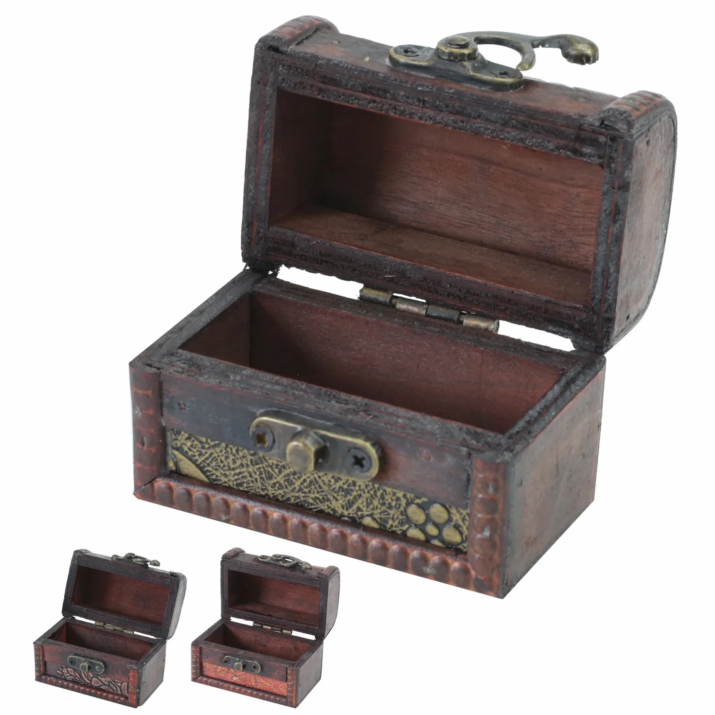 HMF Joyero de madera pequeño cofre del tesoro cierre vintage decorativo 8 x 5 x 6 cm Set de 3