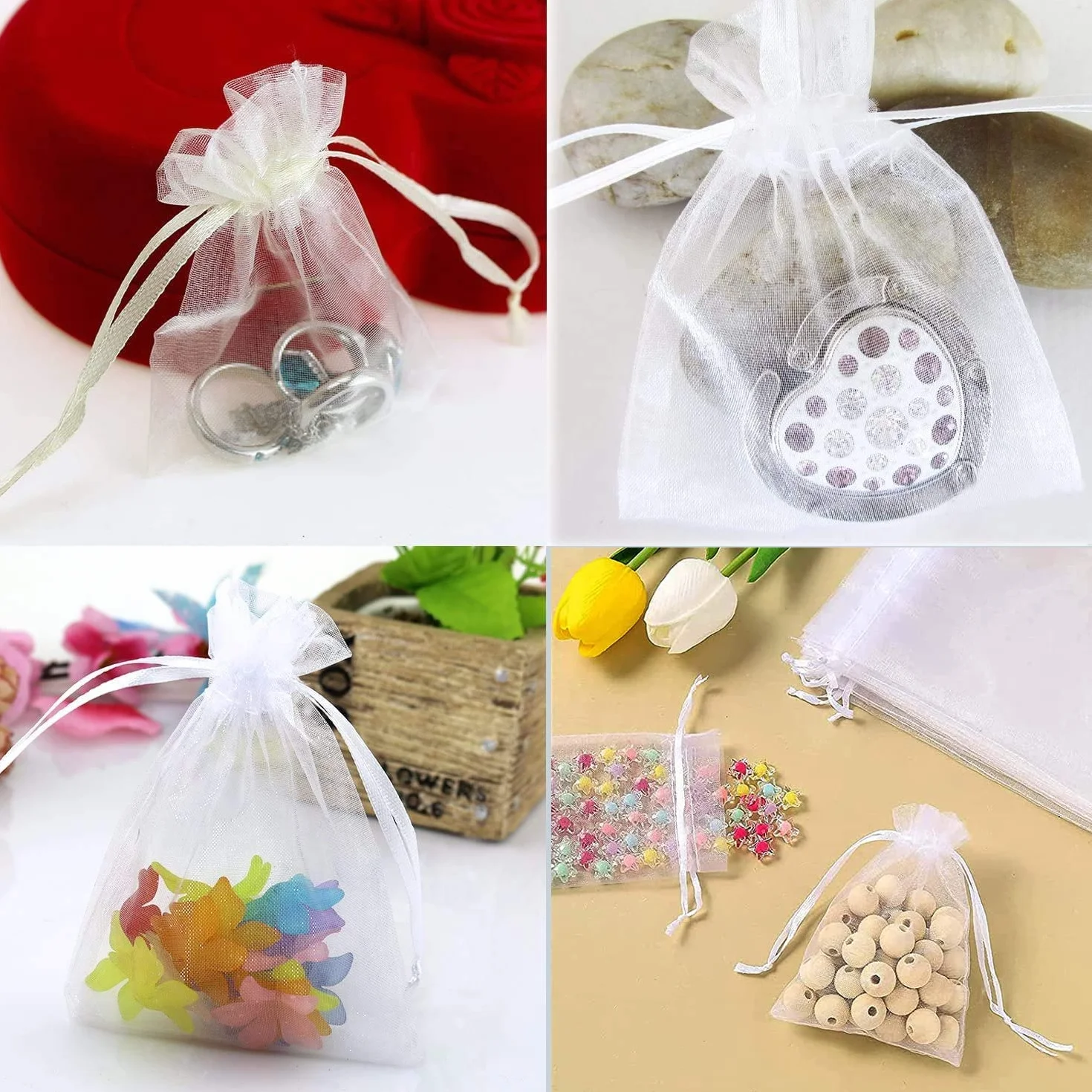 50 bolsas de organza blancas, 9 x 12 cm, de organza, regalo, joyas, bodas, caramelos, con cordón de satén, para festivales, fiestas y bodas