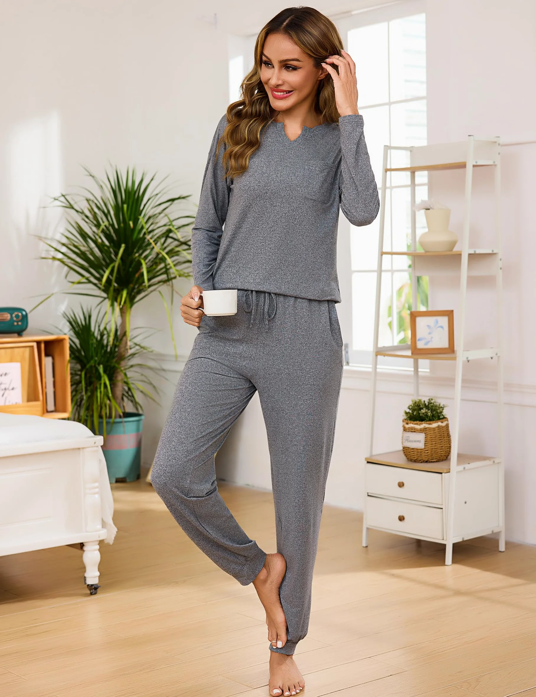 Bresdk Pijama Mujer Invierno Conjunto Pijama Largo con Bolsillos Pijamas Mujer Manga Larga Cuello en V Cómodo Ropa de Dormir Pjs Lounge Wear para Casa, Viaje o Regalo S-XXL