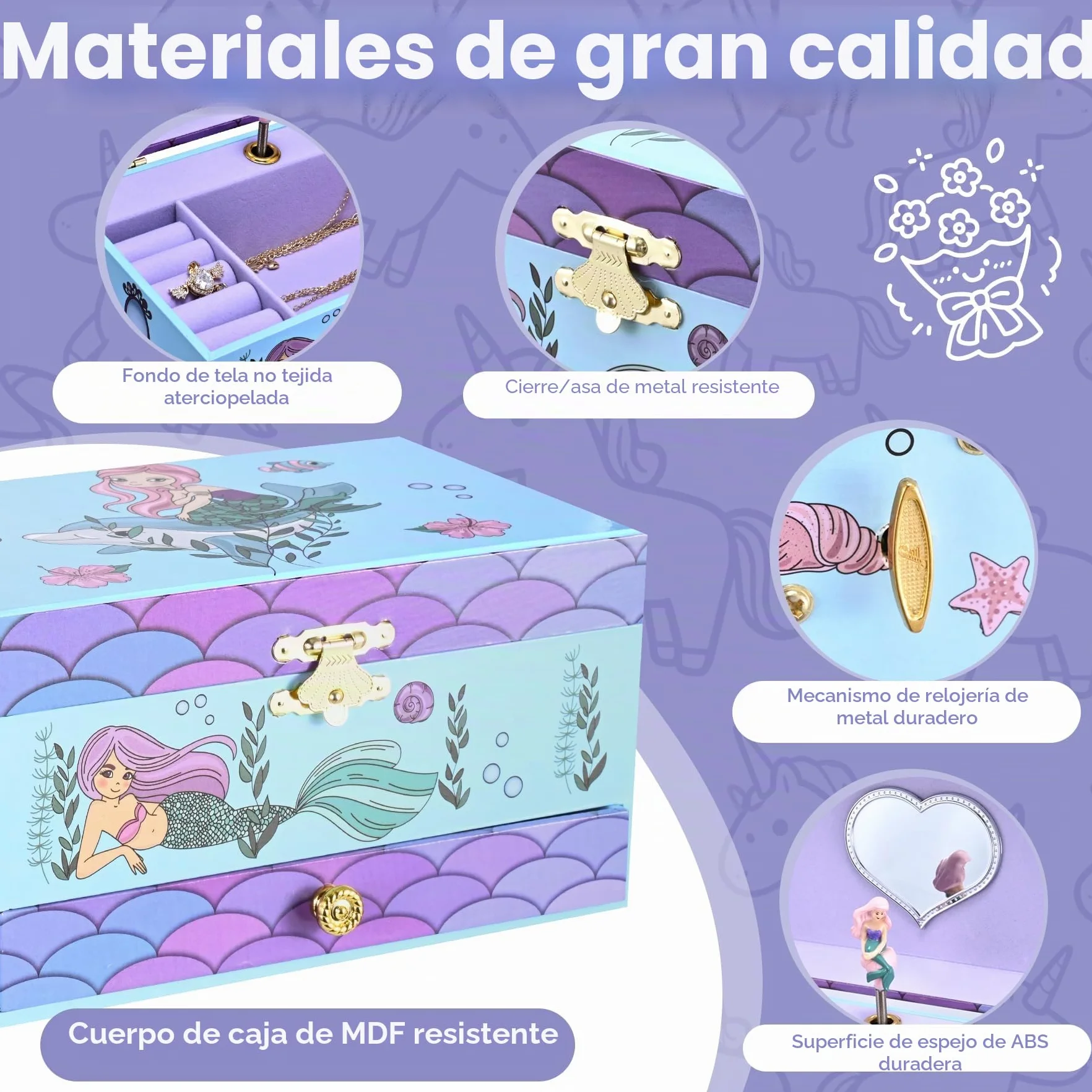 Joyero Musical Sirena para Niñas con Sirena Giratoria y Espejo - Regalo Cumpleaños Navidad 3-10 años Violeta