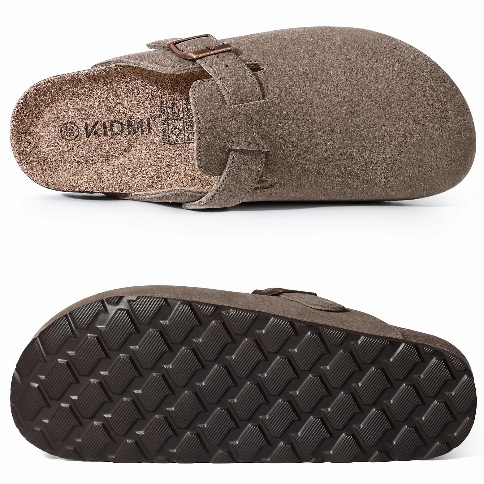 KIDMI Zuecos de gamuza auténtica para mujer, sandalias de piel con plantilla de corcho, zapatos de patata con soporte de arco | Soporte de arco, cómodo, de cuero, sin cordones, para otoño, casual, interior y exterior, suela de goma antideslizante