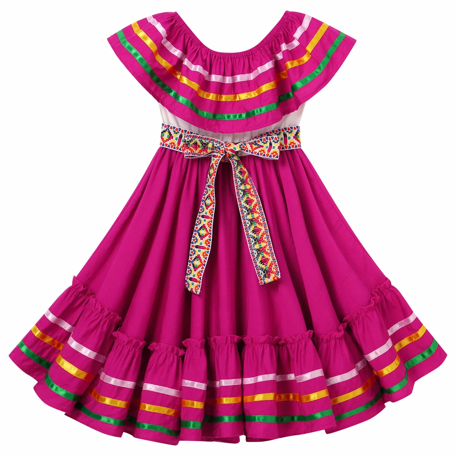 OMEWEE Vestido tradicional mexicano para niñas con cinturón, trajes de indios mexicanos, sin mangas, con volantes, vestido de fiesta cultural mexicana