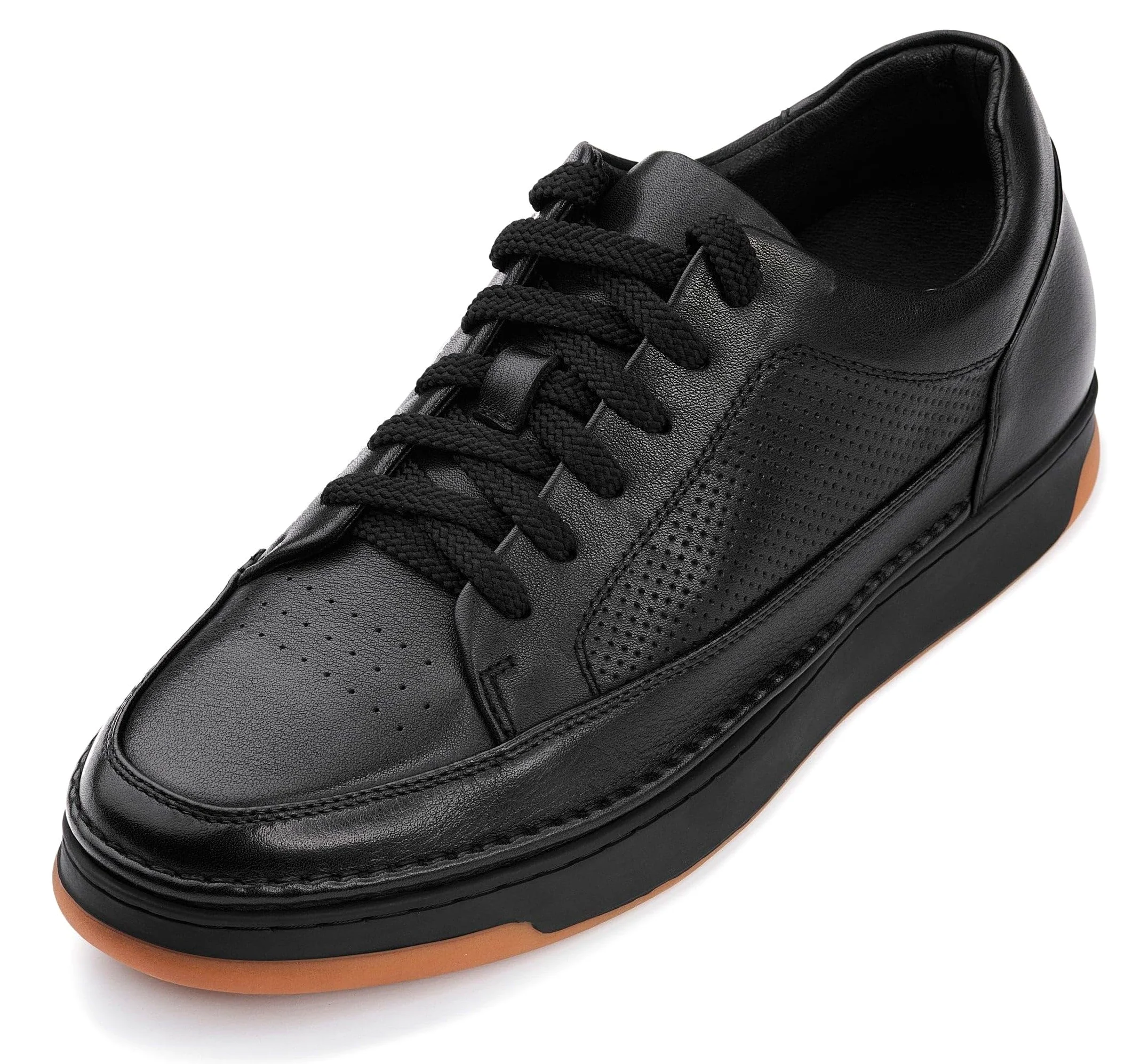 CALTO Zapatos de elevación Invisibles para Hombre con Aumento de Altura – Zapatillas de Cuero de Primera Calidad con Cordones – 2.6 Pulgadas más Altas, Suela Negra de Goma Negra, 41 1/3 EU