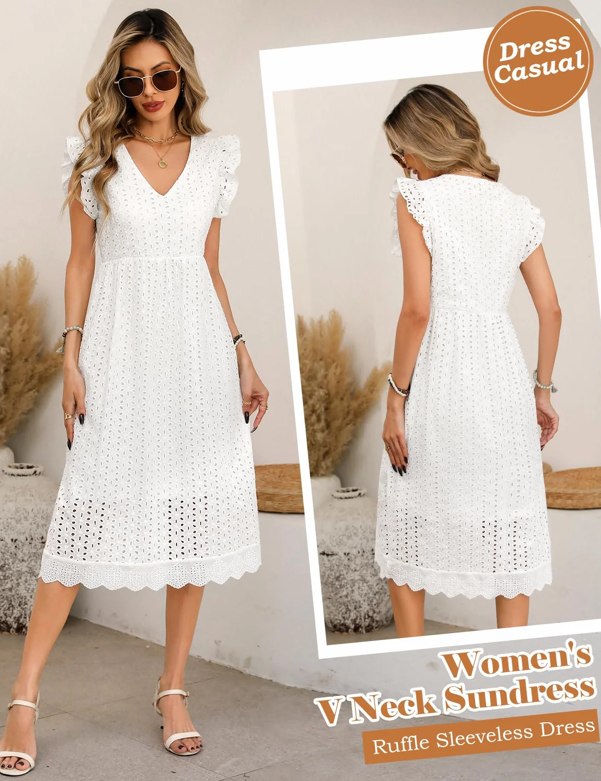 Vestido Largo Mujer Verano Casual Cuello V Manga Volante Cintura Alta A-Line Bolsillos