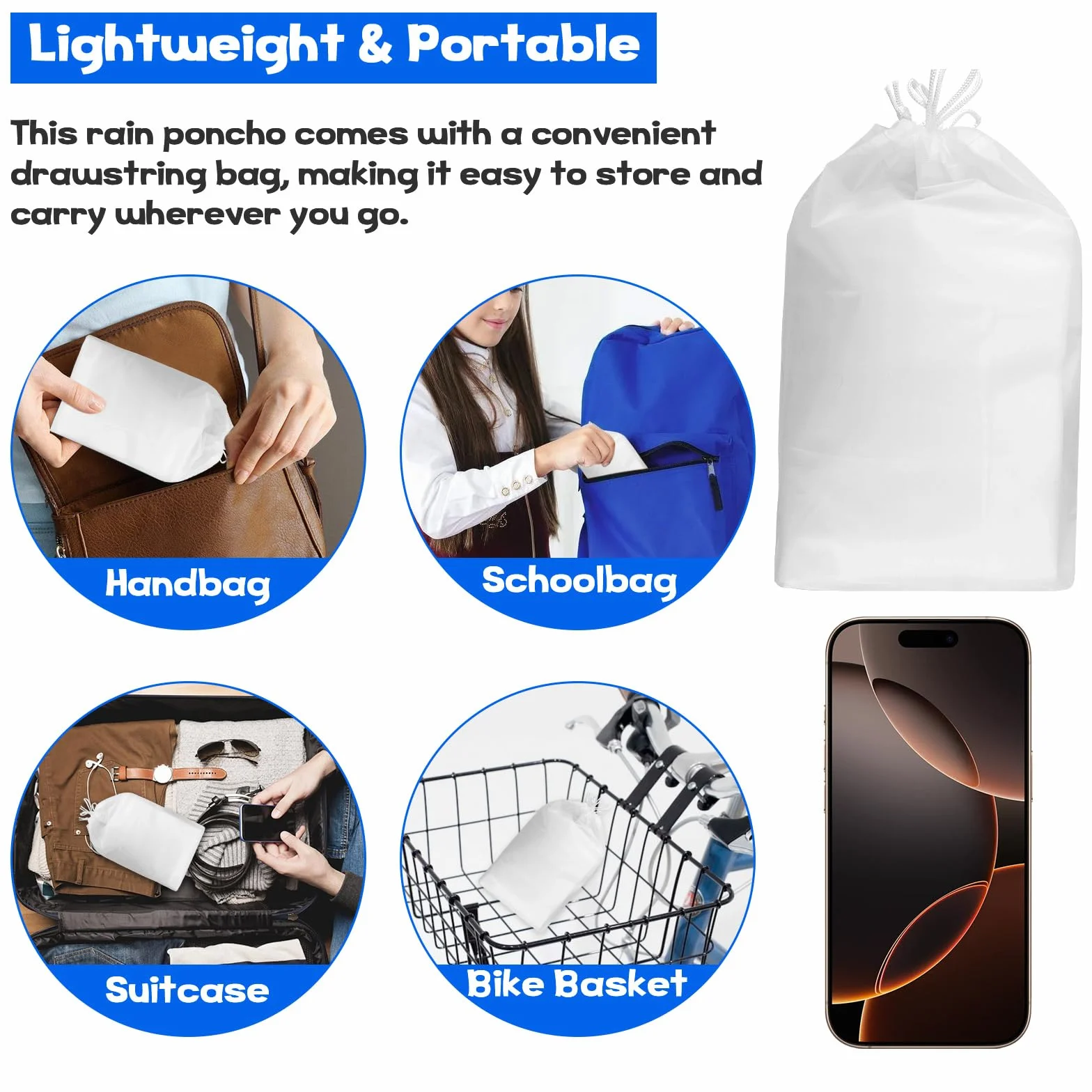 2Pcs Chubasquero Transparente de Niños Reutilizable, Capa Impermeable de Niños Portátil, Poncho de Lluvia de Goma EVA de Niños con 2 Bolsas con Cordón para Niños y Niñas de 5 a 12 años