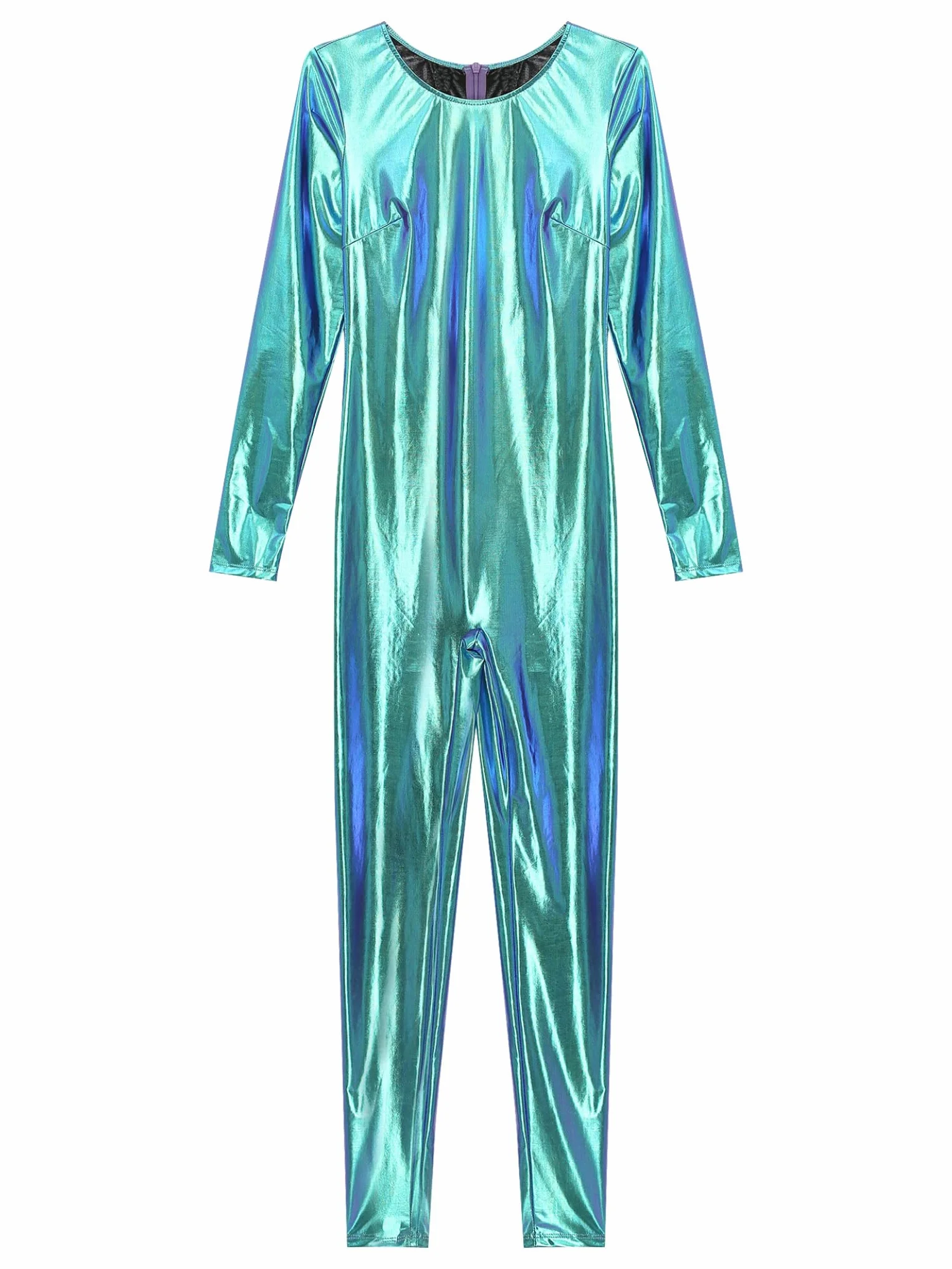 Mono de Gimnasia Rítmica para Mujer Brillante Metálico Largo Cuello Redondo Jumpsuit Traje Cuerpo Entero