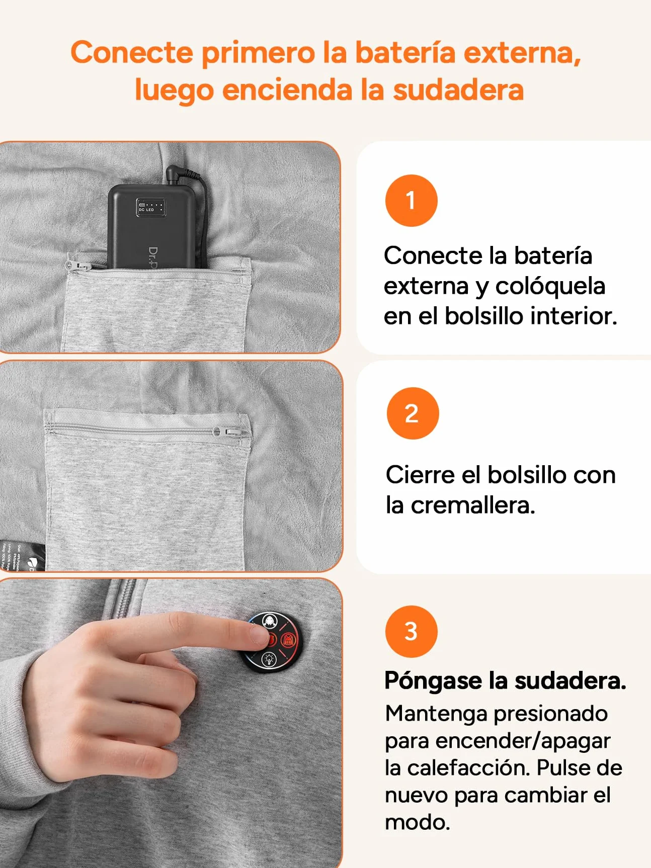 DR.PREPARE Sudadera con Capucha Calefactable Hombre y Mujer 9 Zonas de Calor Batería 16,000 mAh 3 Niveles de Calefacción Hasta 8H de Autonomía Chaleco Calefactable Forro Polar Para Exteriores
