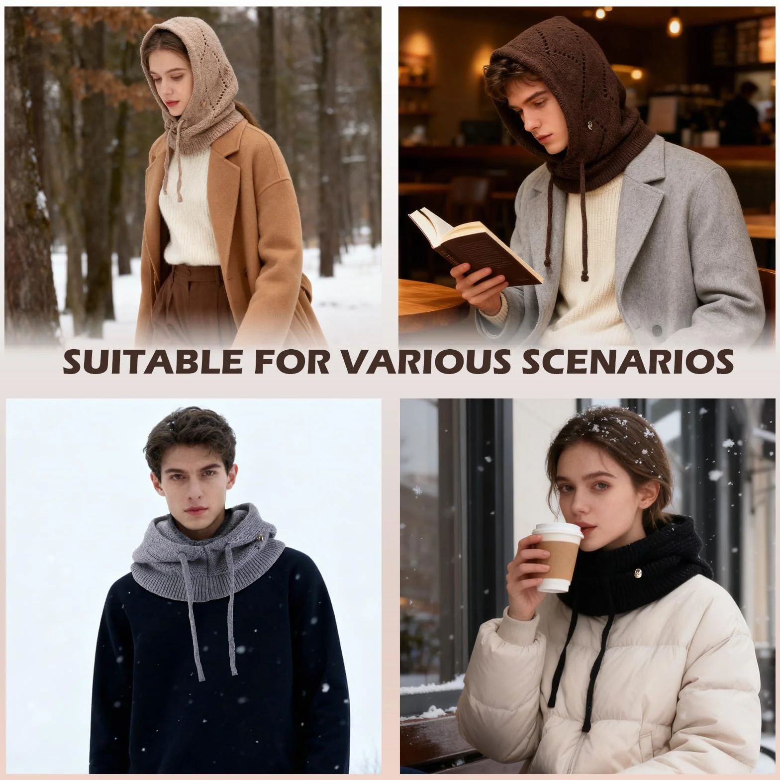 Mujer Invierno Gorro de Punto y Bufanda con Capucha, 2 en 1 Térmicos Prueba de Viento Ajustable Pasamontañas, Moda Ocio Pullover Calentador de Cuello para Deportes al Aire Libre Diario Correr