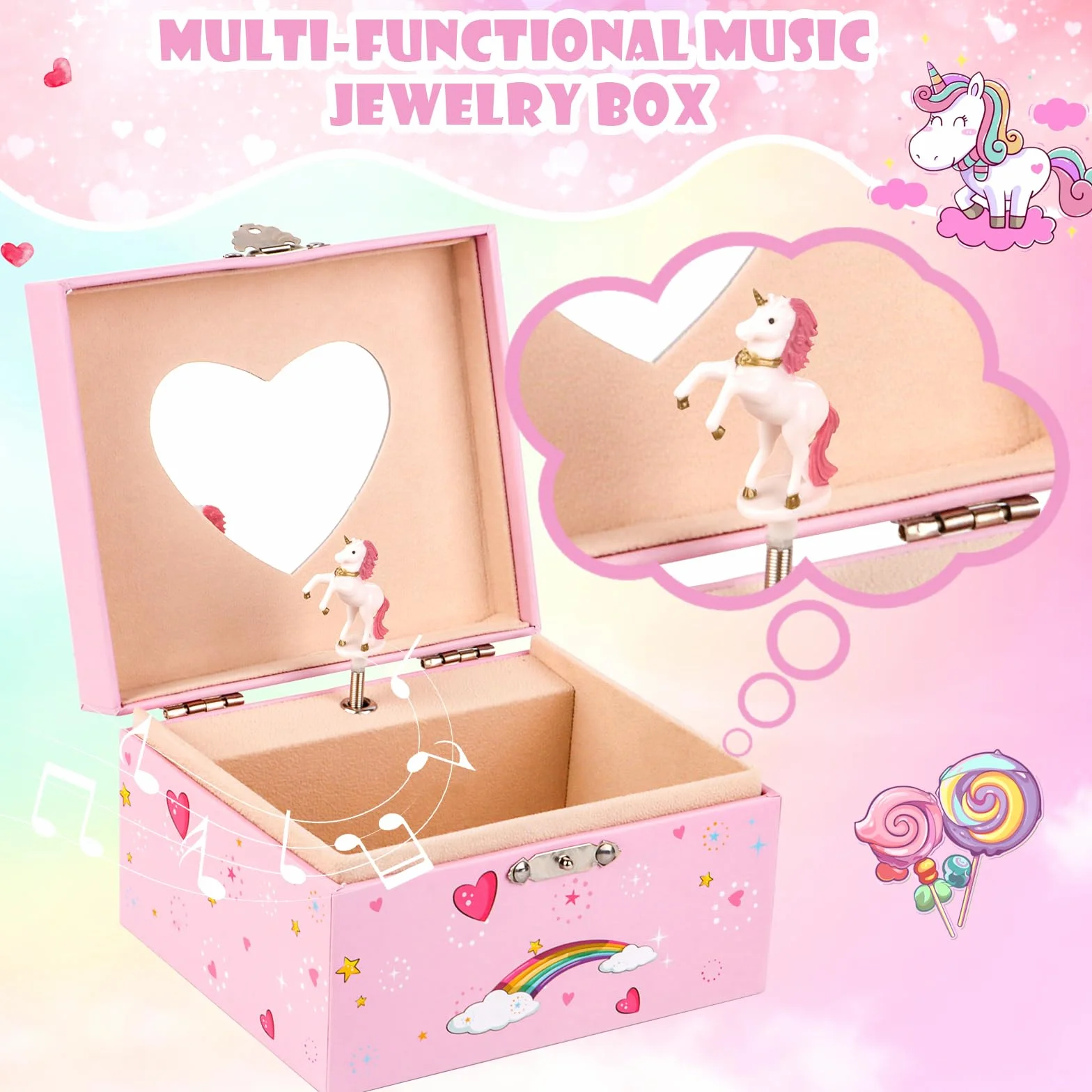 RISVOWO Cajas de Música con Unicornio Giratorio y Espejo, Joyero Musical para Niña, Regalo 2-9 Años