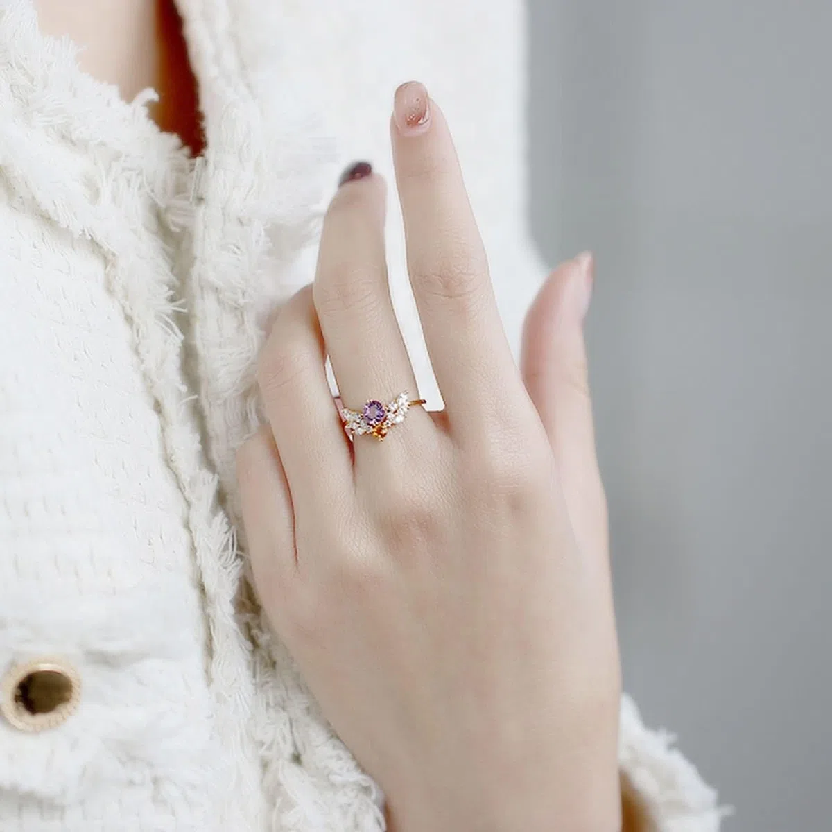 Alianzas de oro Au 375/585/750, joyas de oro auténtico con amatista, forma de alas
