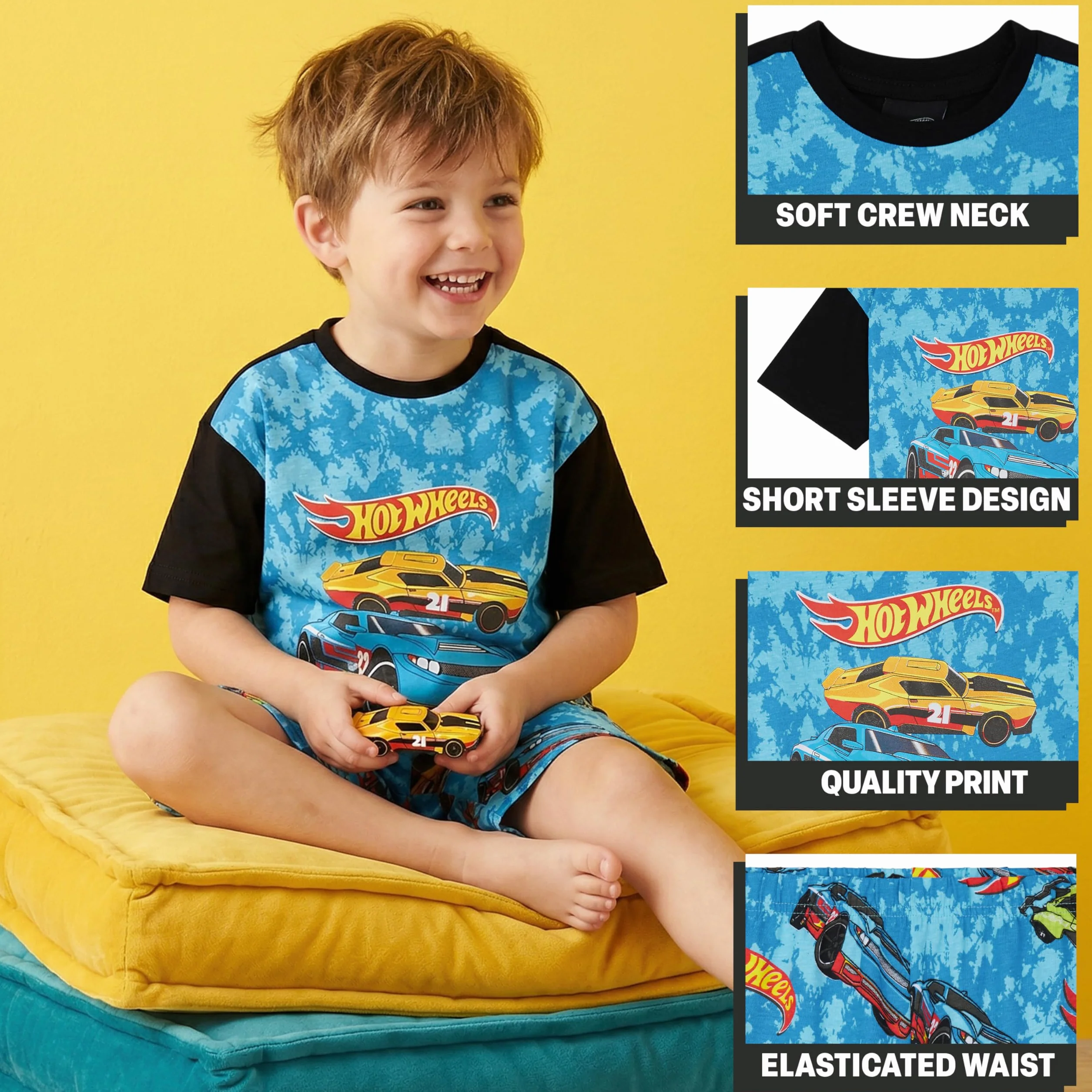 Hot Wheels Pijama Niño 2-6 Años, Conjunto Verano Algodón, Camiseta Manga Corta y Shorts