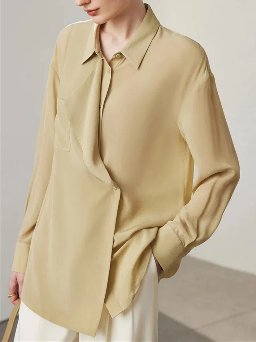 Blusa de seda lisa para mujer, cuello abatible, elegante, informal, con botones, de seda