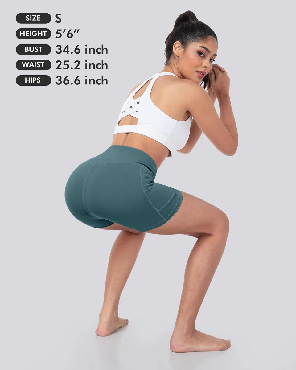 LZYVOO Pantalones cortos de elastano para mujer con bolsillos, pantalones cortos de cintura alta para yoga y entrenamiento, Paquete de 5: negro, gris oscuro, verde azulado, azul, rosa, M