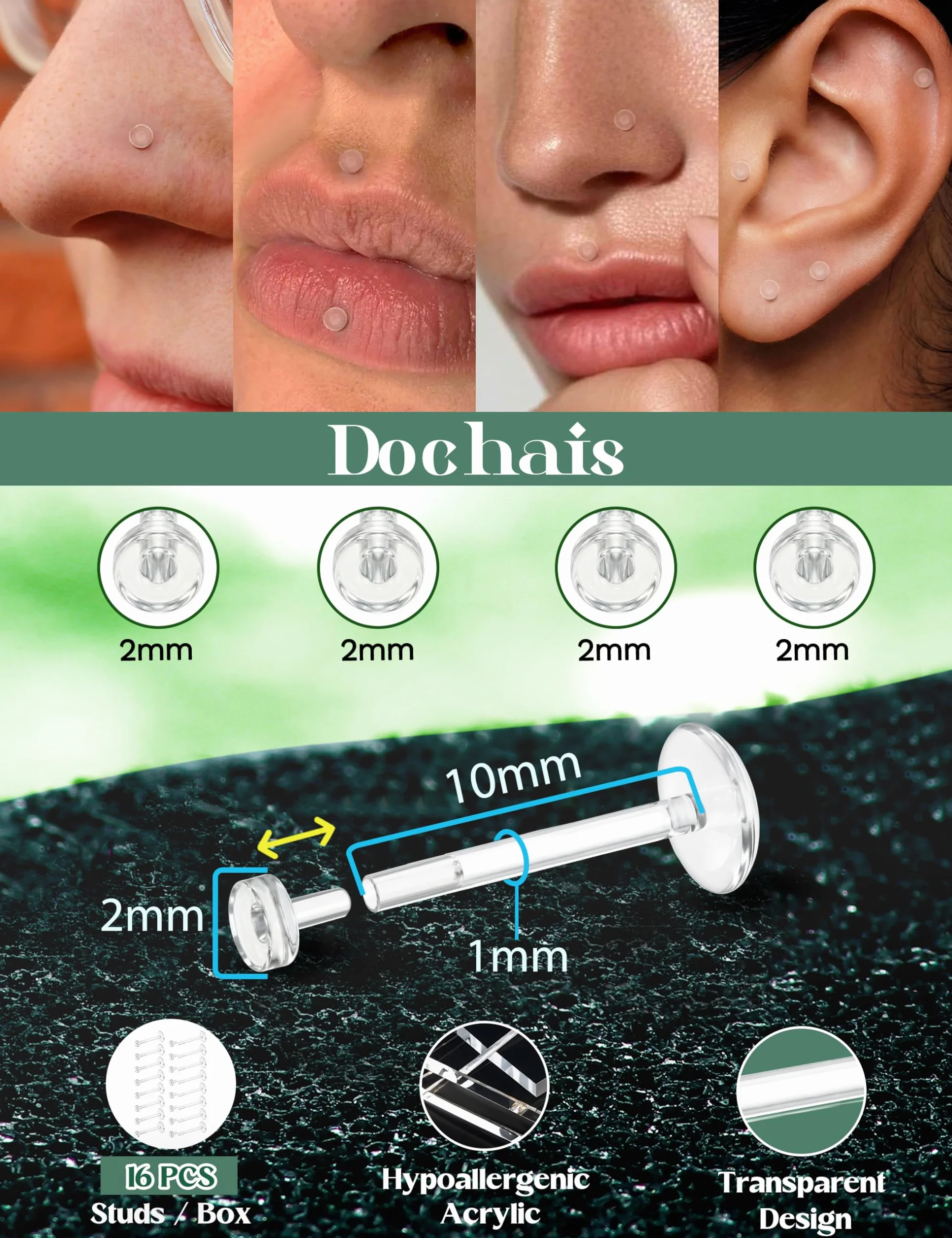 Dochais 18G 16G Transparente Labio Barras Studs Retenedores Acrílico Flexible Nariz Labret Piercing Retenedores Transparente Tragus Hélix Cartílago Piercing Oreja Retenedor 16 Piezas 6mm 8mm 10mm 12mm