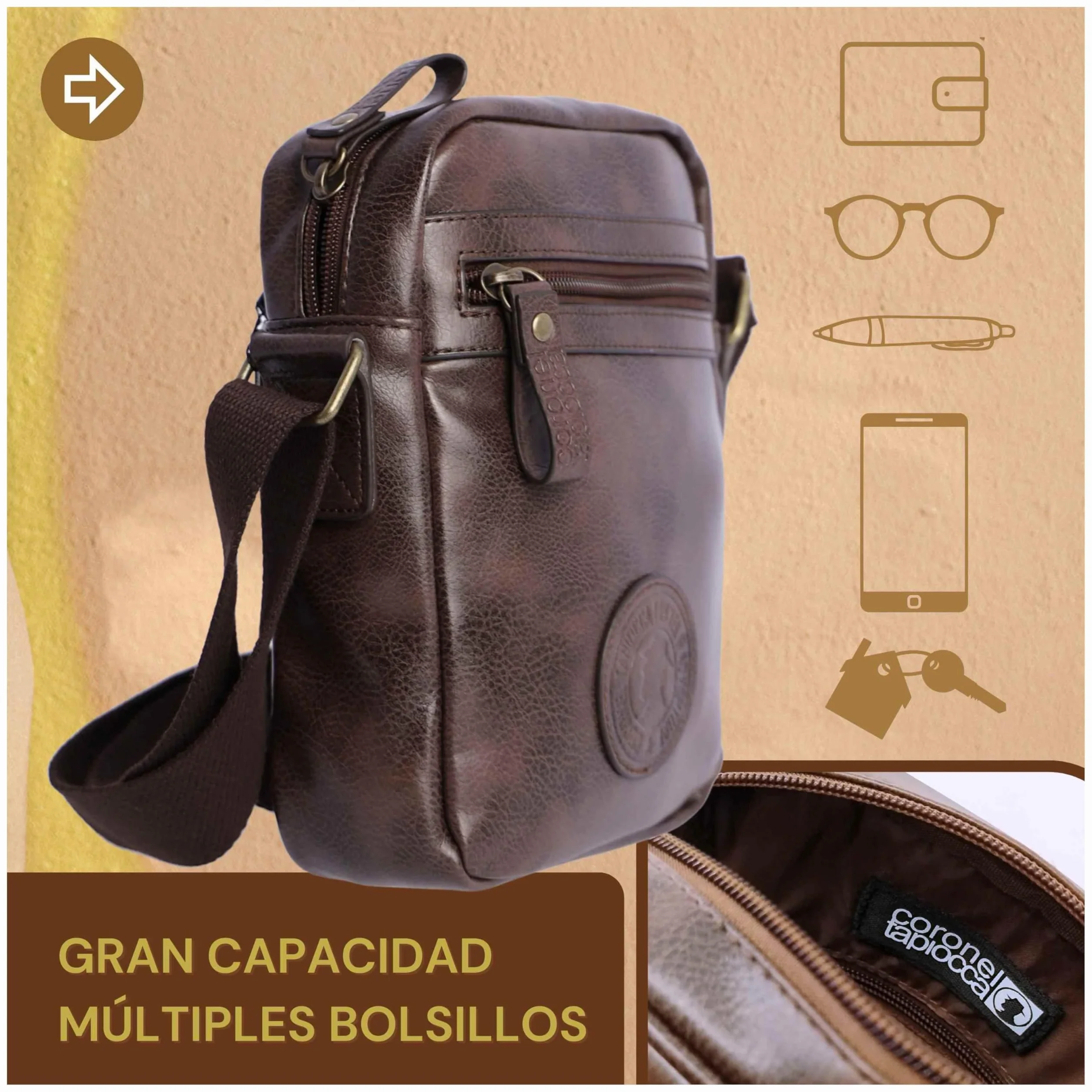 Coronel Tapioca - Bandoleras Hombre - Bolso Hombre - Bolso hombre bandolera - Bolso Bandolera hombre - Bandolera piel hombre para uso diario, casual, viaje o negocios